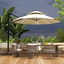 10FT Patio Umbrella with Solar Lights and Base, Large Offset Cantilever Umbrella with Lights and 360 Rotation, Beige