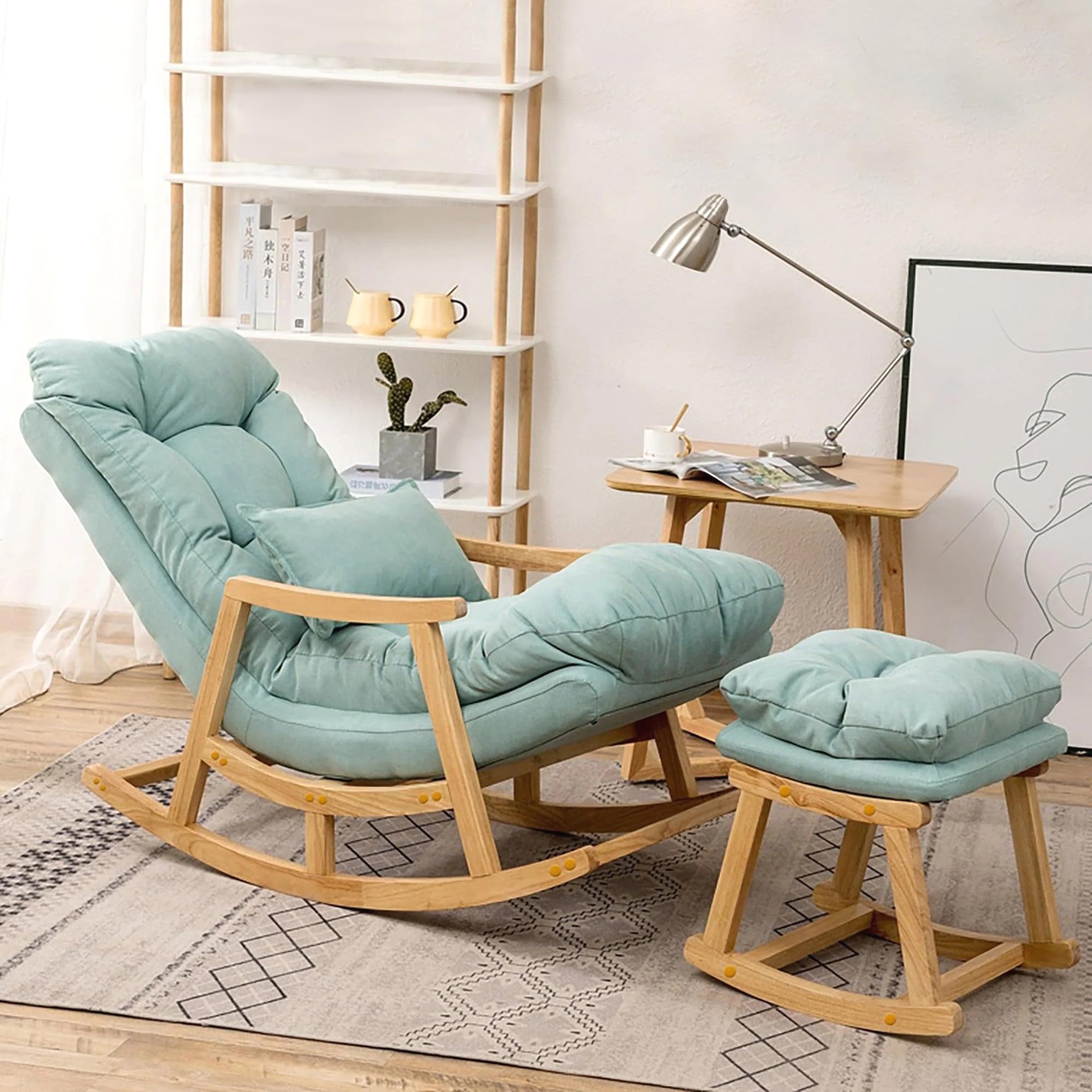 Rocking Armchair with Footrest – Acacia Wood Rolling Swing Chair with Ultra-Comfortable Cushion for Relaxing, Sleeping & Home Interiors | Living Room&Bedroom Comfort (Light Blue)-image-1