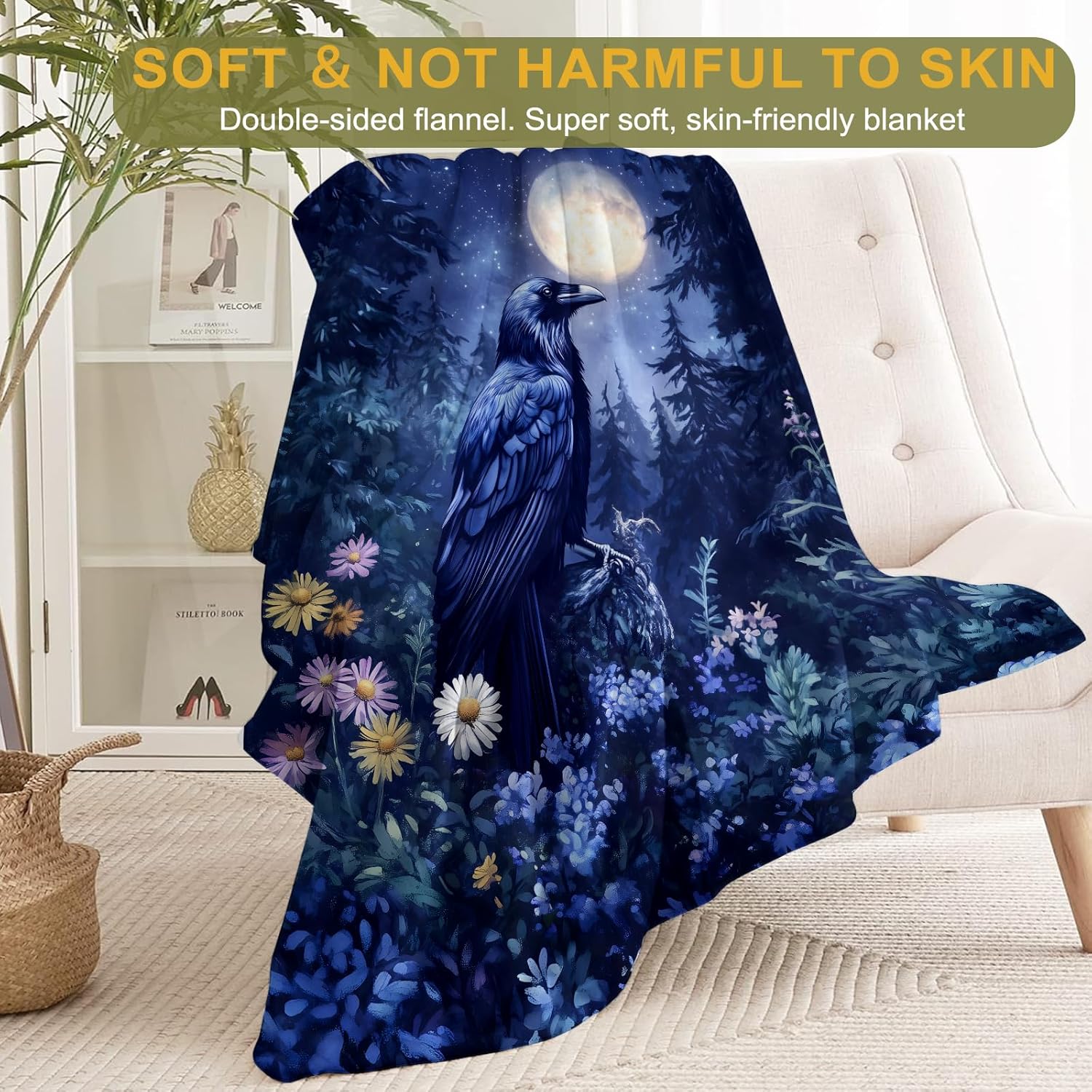 Raven and Moonlit Forest Flannel Blanket - Lightweight Soft Cozy Gifts Blankets for Gothic Lovers, Men,Women,Goth Mystical Night Style Throw,Home Room Modern Halloween Decor 50x60in - Image 2
