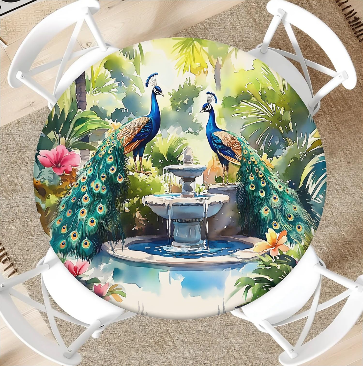 artslion Outdoor Round Tablecloth with Elastic Band 44In-110cm Elastic Garden Tablecloth with Peacock Pattern Fits 38"-42" Wide Tables โ image 1