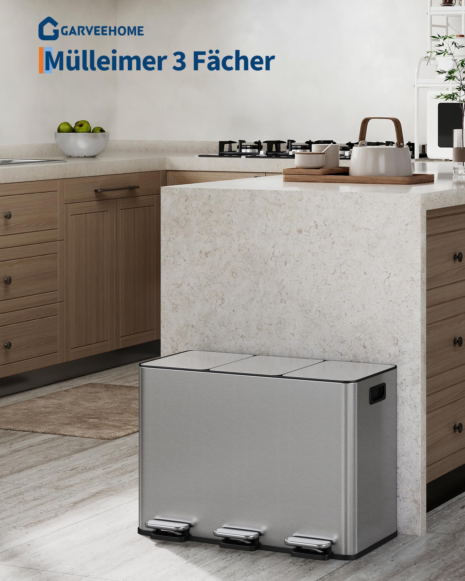 Cubo De Basura De Cocina 45L, 3 Compartimentos 3x15L Acero Inoxidable