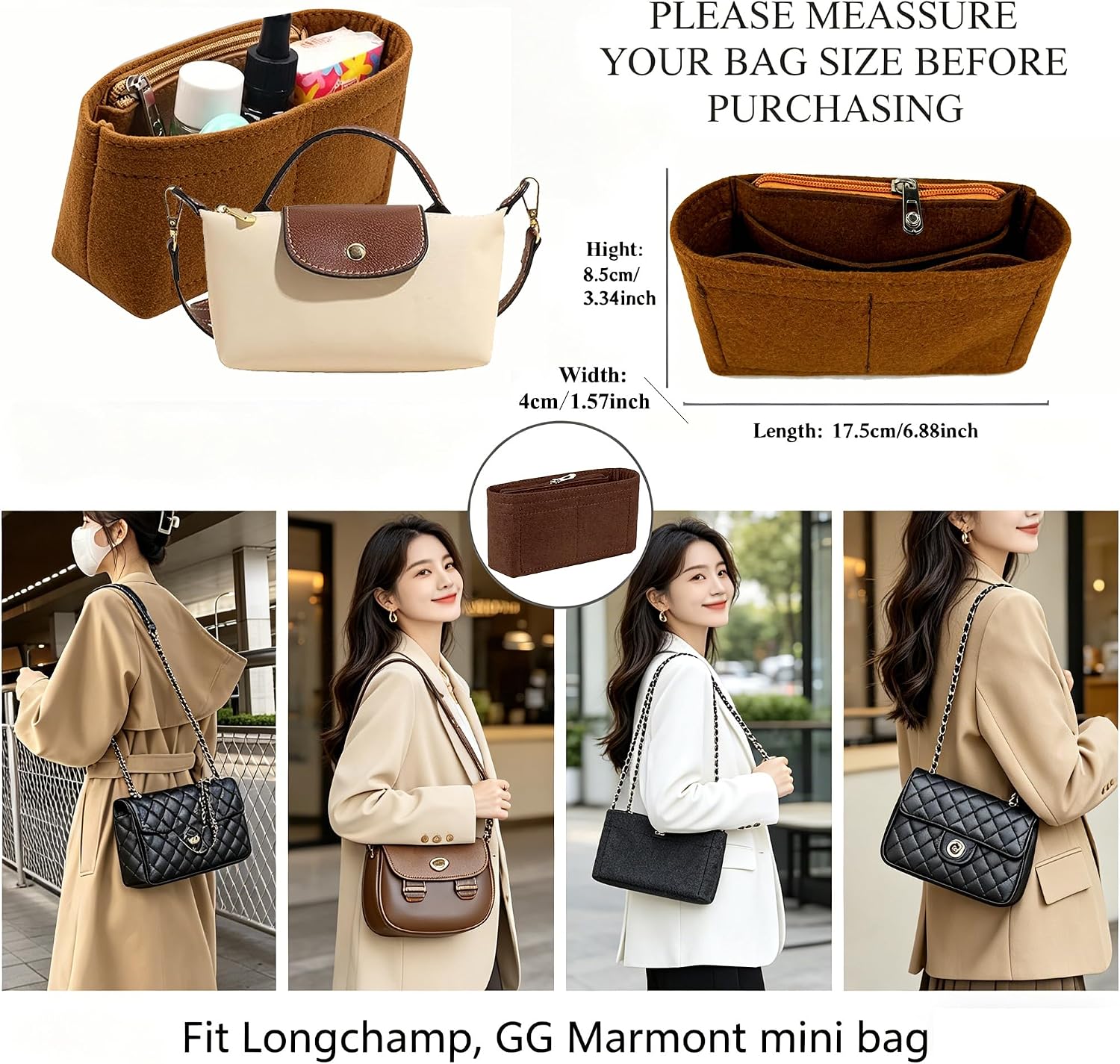 Chispee Purse Organizer Insert Felt Bag Organizer fit GG Marmont Matelasse Shoulder Bag Storage & Finishing Inner Handbags Insert Organizer for Longchamp Mini,Coffee image 2