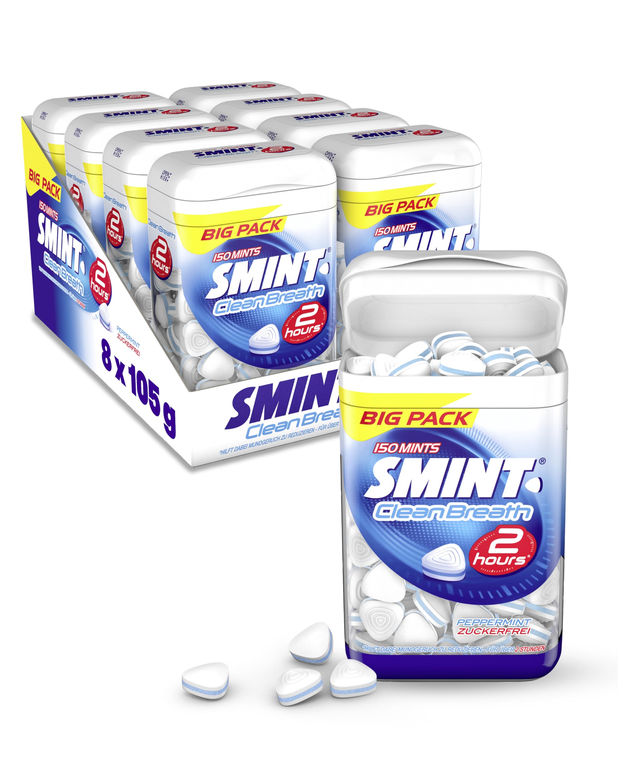 Smint 2H Clean Breath Peppermint, 8 Big-Pack Dosen mit je 150 Minz-Pastillen, zuckerfreie Mints für über 2 Stunden frischen Atem (8 x 150 Stück)