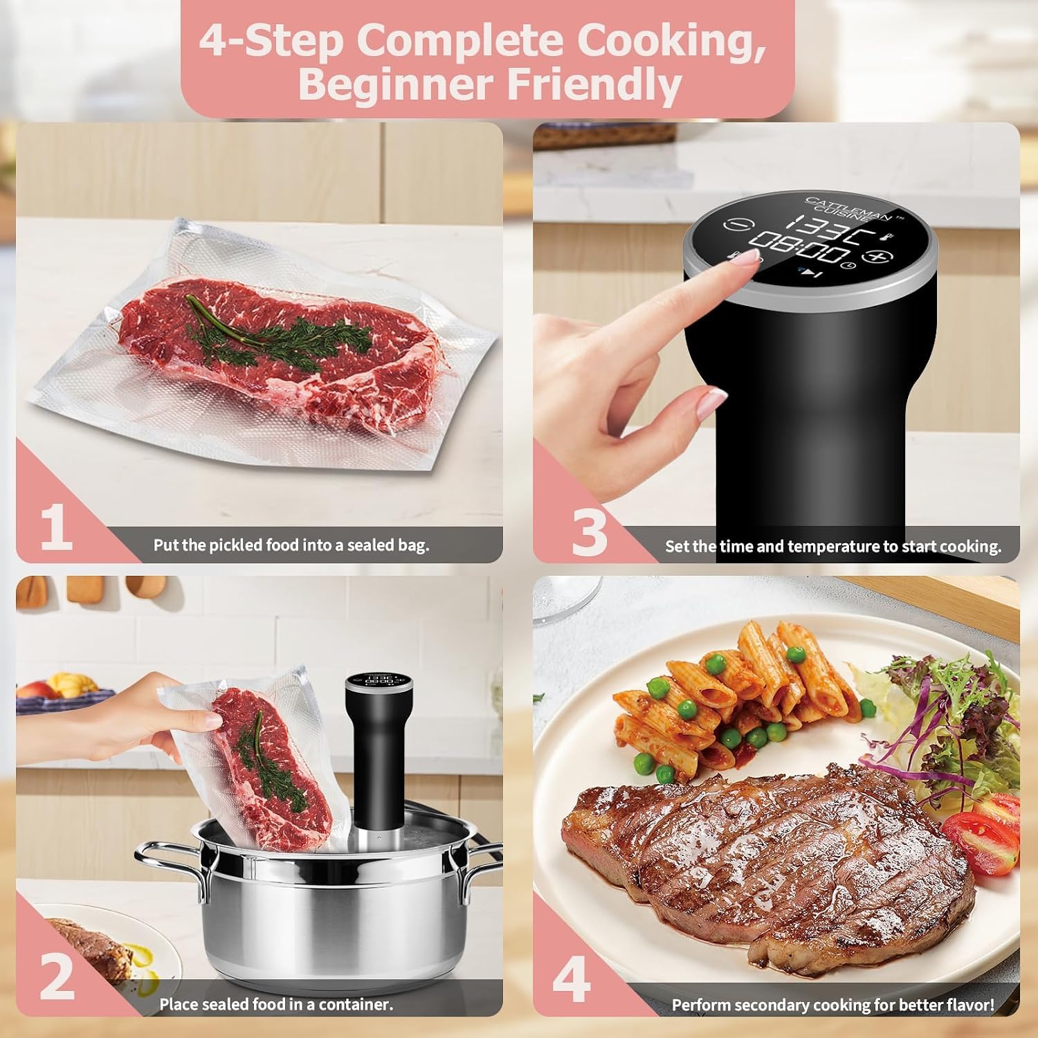 CATTLEMAN Sous Vide Cooker WiFi Kit, 1000W, Waterproof, Sous Vide Machine, Immersion Circulators for Suvee Cooker Kit with Vacuum Bags, Vacuum Pump, Precision Temperature Timer, Noise-free