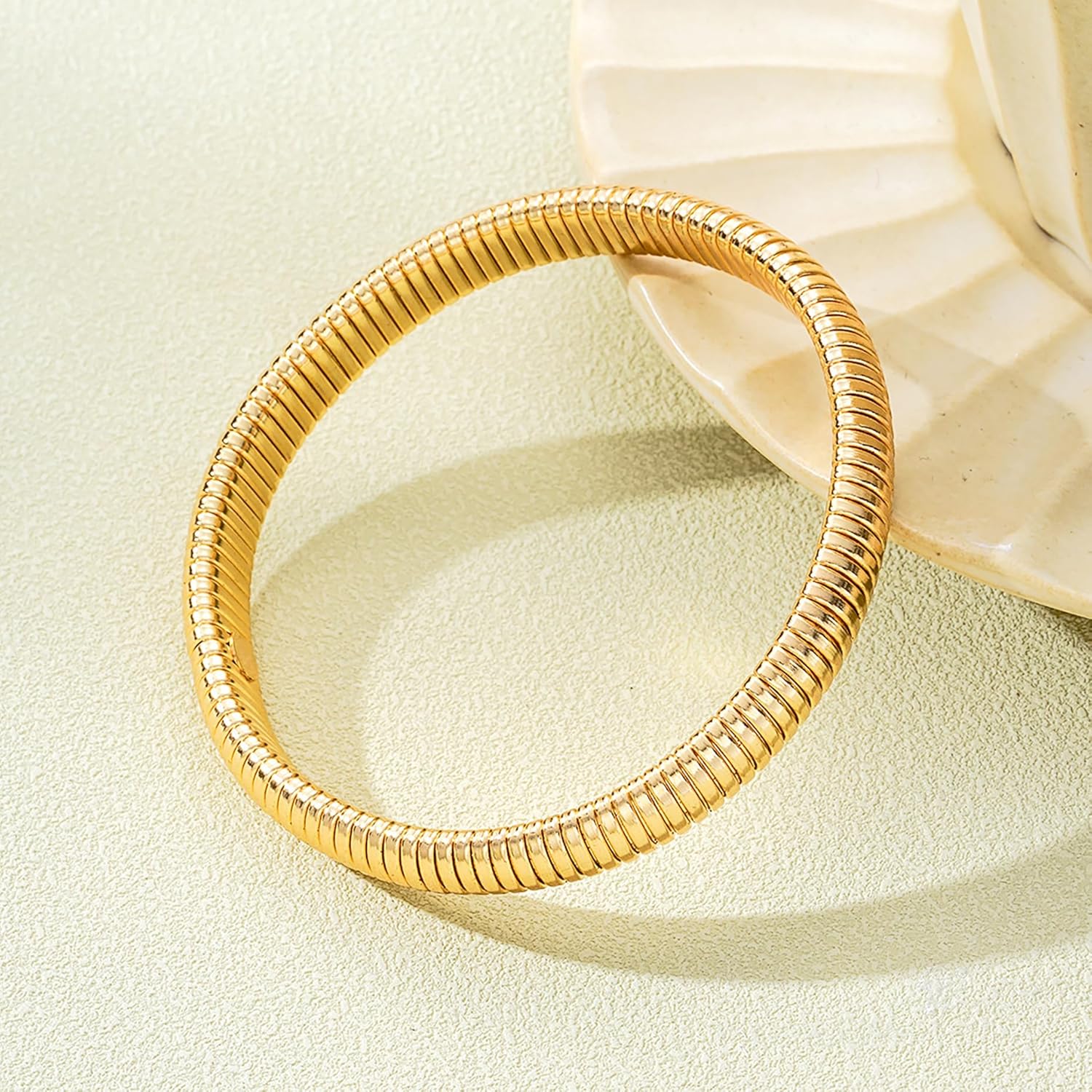 Gold Bangles, Chunky Stretch Bracelets, Gold, 14K Gold Plated Stainless Steel, Women's, Designer Look Alike Jewelry, Adult, Medium, 10 grams, 2 inches - Image 5