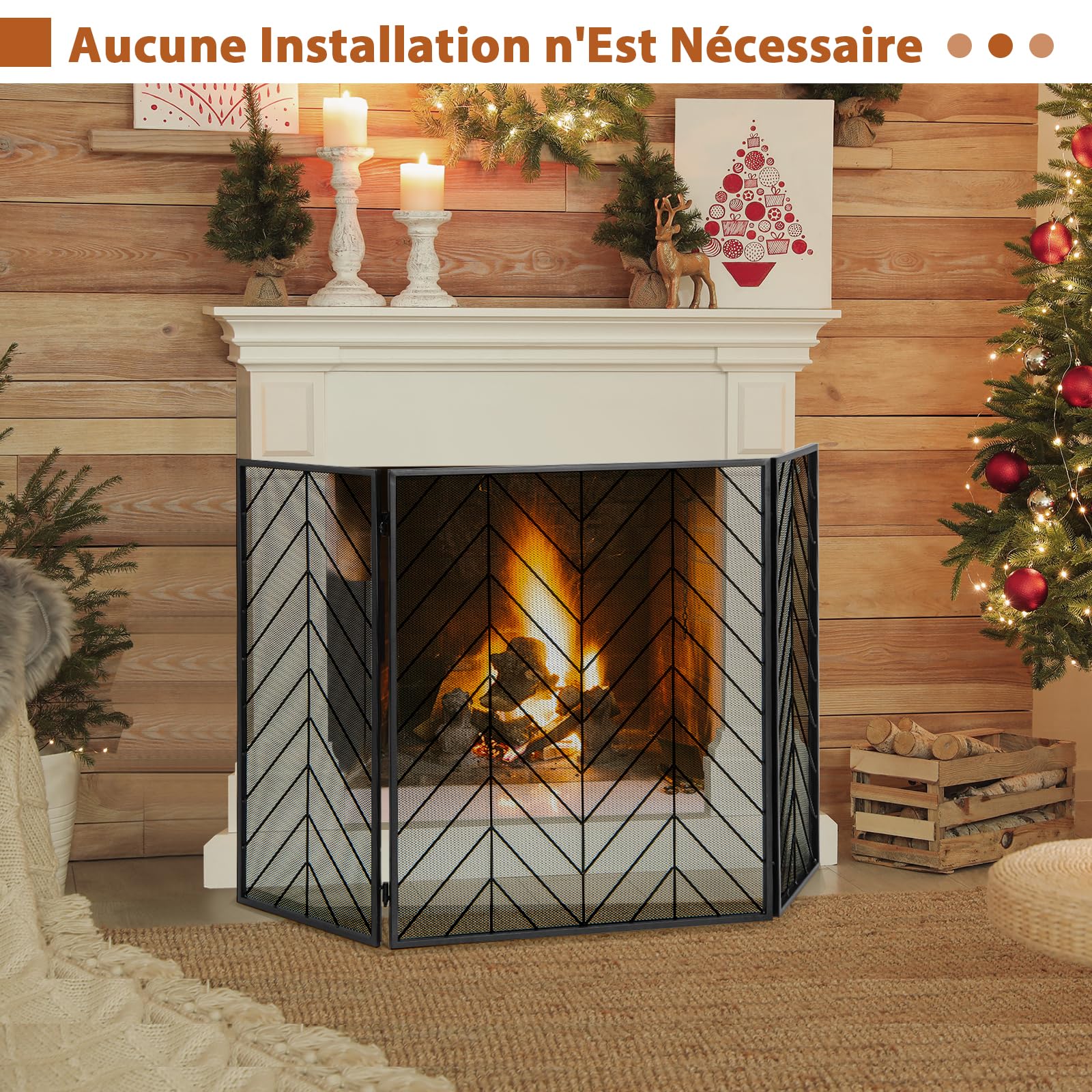 COSTWAY Ecran de Cheminée Pliable à 3 Panneaux de 78 x 133 cm, Pare-Étincelles en Maille de Fer, Clôture de Cheminée avec Charnière Flexible, Grille de Protection pour Salon, Chambre (Noir)
