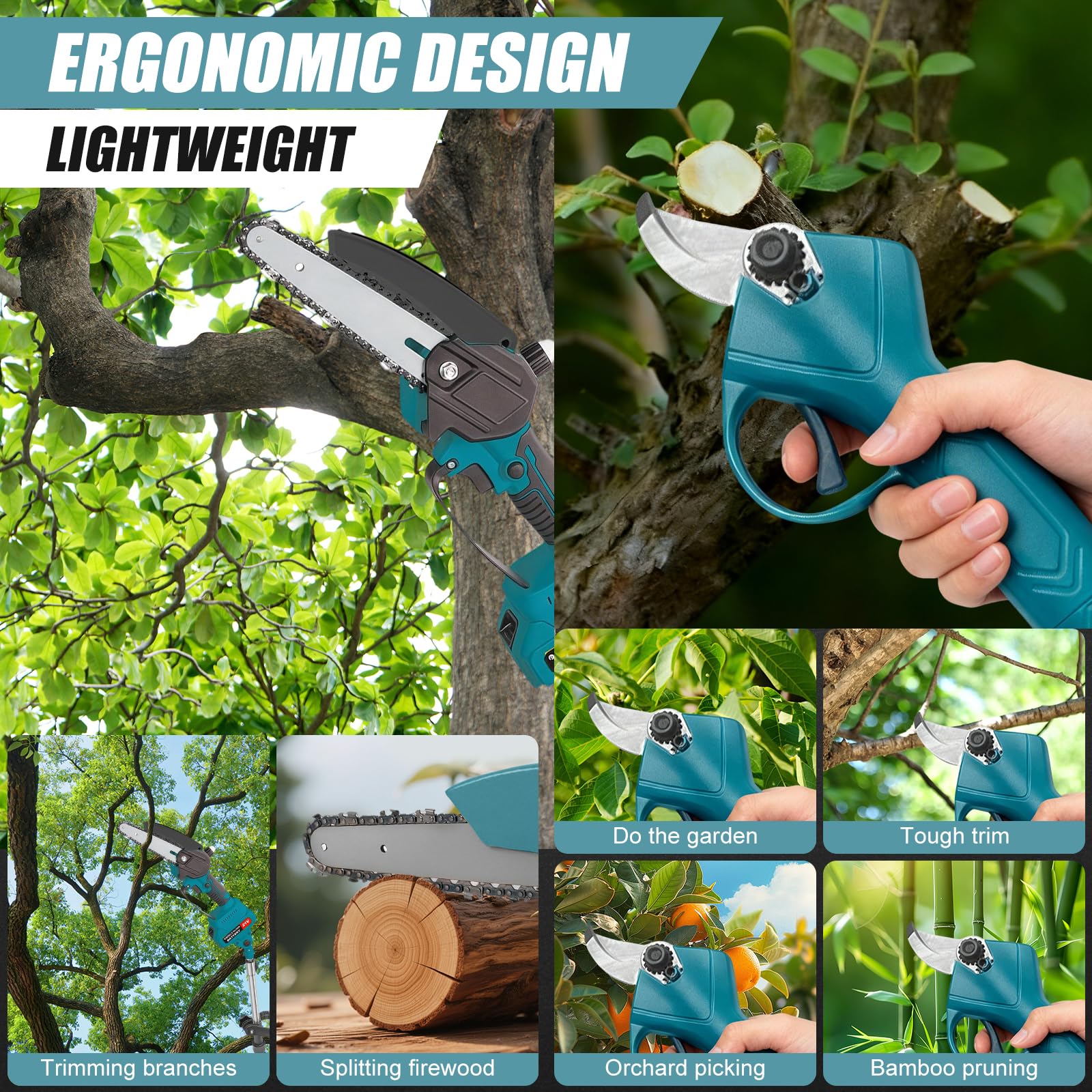 Mini Tronconneuse avec Perche 6 Pouces & Secateur Electrique Telescopique 25 mm, 4 en 1 Perche Élagueuse Télescopique Électrique avec 2 * 3000 mAh Batteries, Portée Maximale 4,2 m