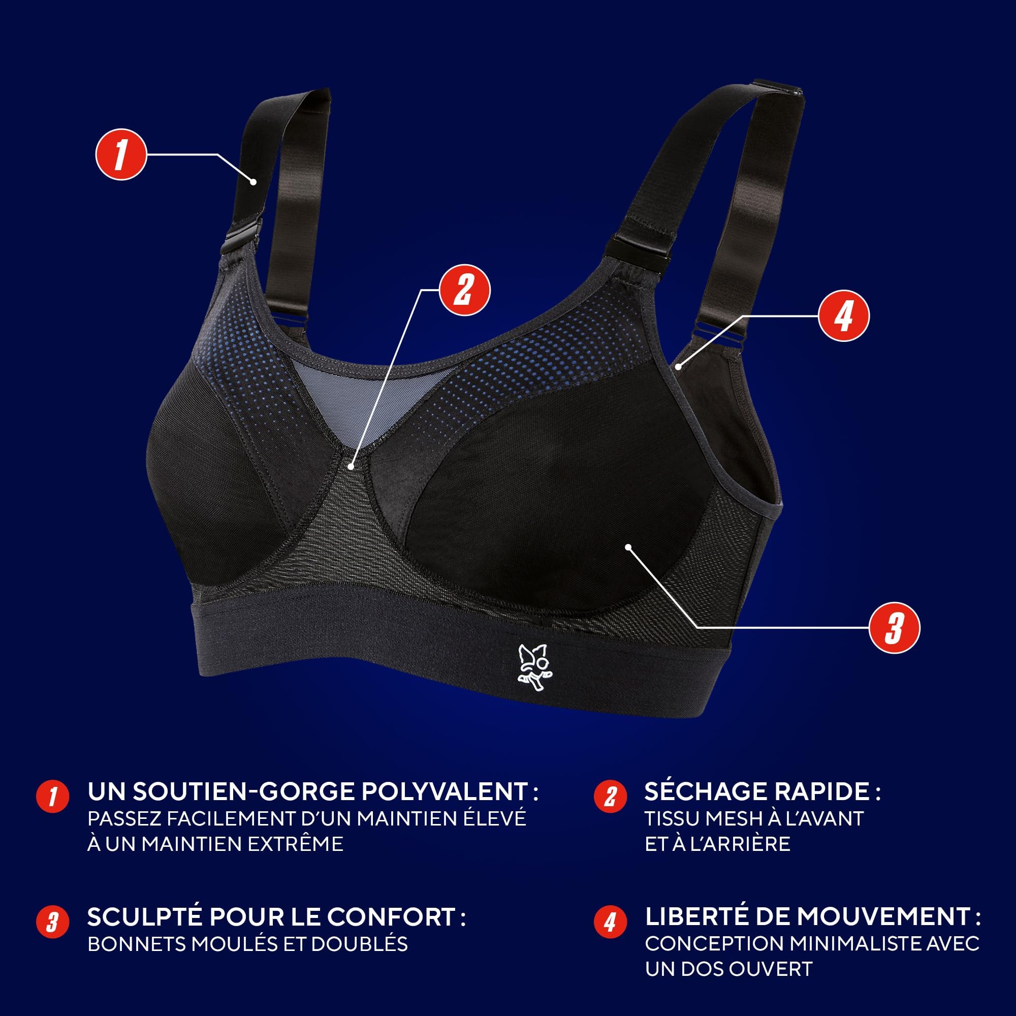 Thuasne - Soutien-Gorge de Sport Polyvalent Power'Up - Maintien Modulable Supérieur ou Extrême - Bretelles Ajustables Selon l'Intensité du Sport - Tissu Aéré, Enfilage Facile - Noir, Taille [85 D]