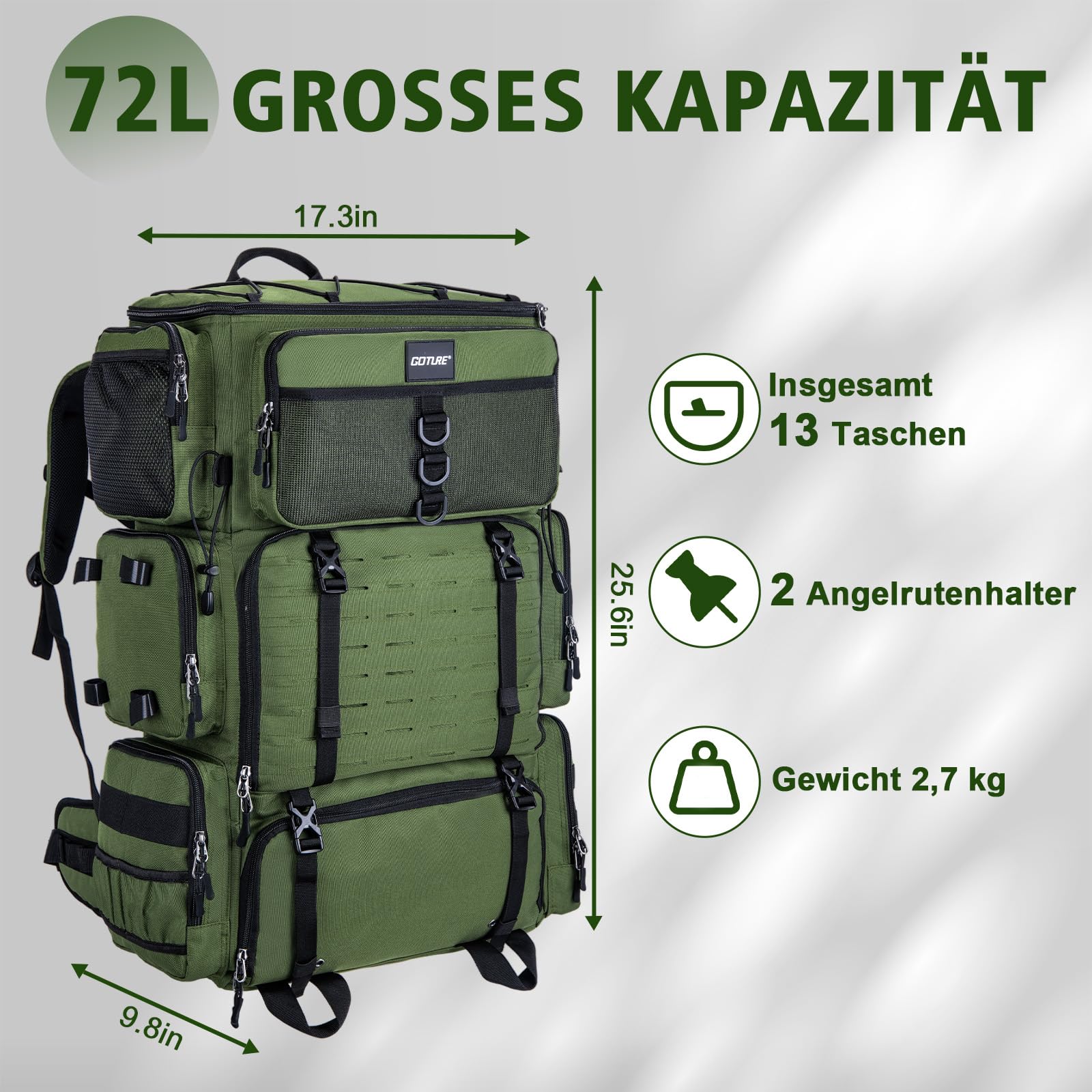 Goture Zaino da pesca da 72 l, con borsa termica (16 l), scomparto asciutto e bagnato, scomparti regolabili, borsa impermeabile per attrezzi da pesca, campeggio, escursionismo, Verde Militar, Zaino