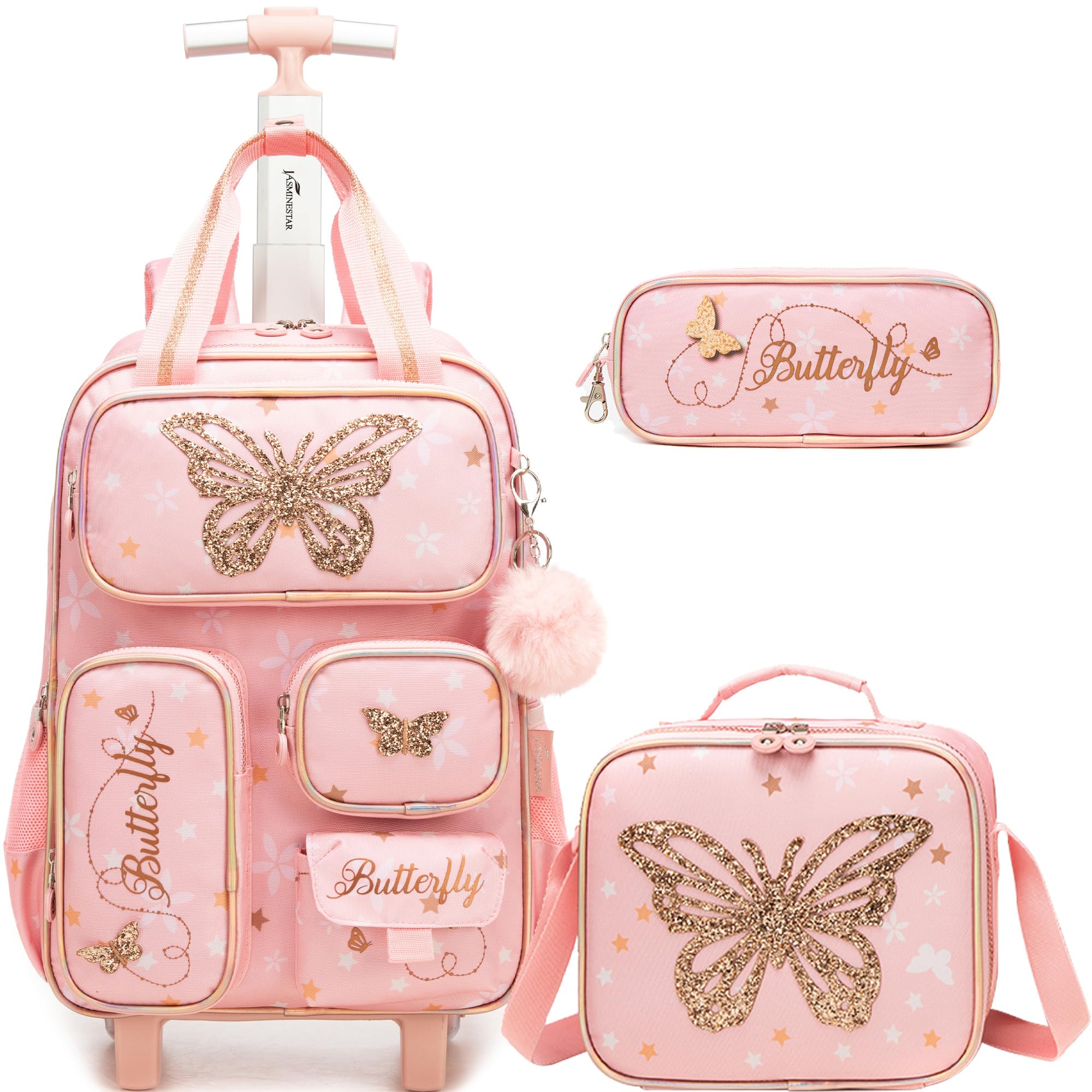 HTgroce Schulrucksack Trolley Mädchen Schmetterling Ergonomischer Schulranzen mit Rollen für Grundschule Kindergepäck Schultrolley