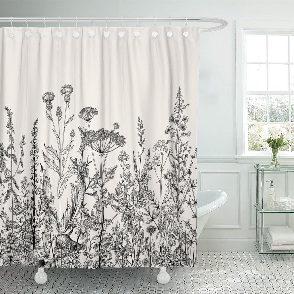 Emvency Shower Curtain Floral Border Herbs and Wild Flowers Botanical Engraving Black Waterproof Polyester Fabric 72 x 72 Inches Set with Hooks