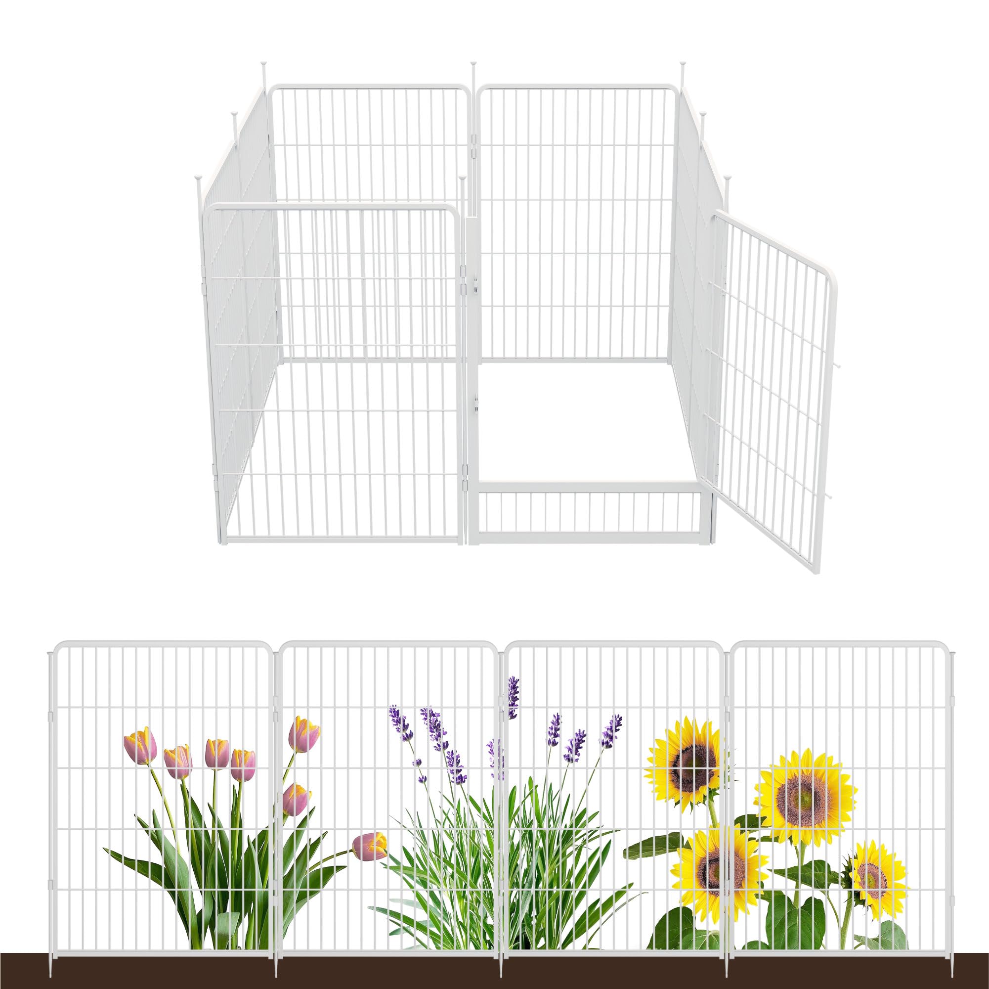 Decorative Garden Fence with Gate 100 cm(H) x 5.4 m(L) 8 Panels, Heavy Duty Metal Animal Barrier Fence for Yard, Flower Bed Fencing, Garden Border Fences, Easy Set Up, White