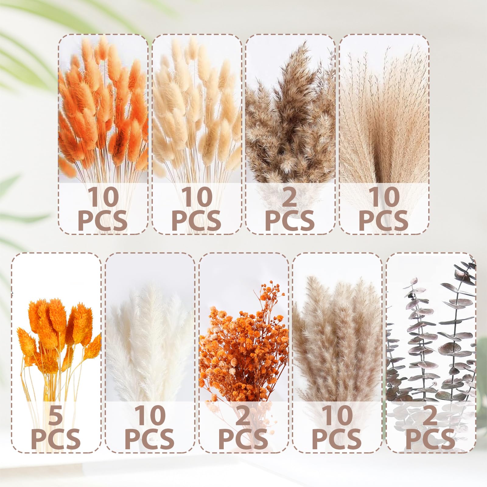 61 Pezzi Pampas Decorativi Naturale, Bouquet Fiori Secchi, Erba Essiccati Eucalipto Pianta per Rustico Boho Tavola Casa Matrimoni Decorazioni Autunnali