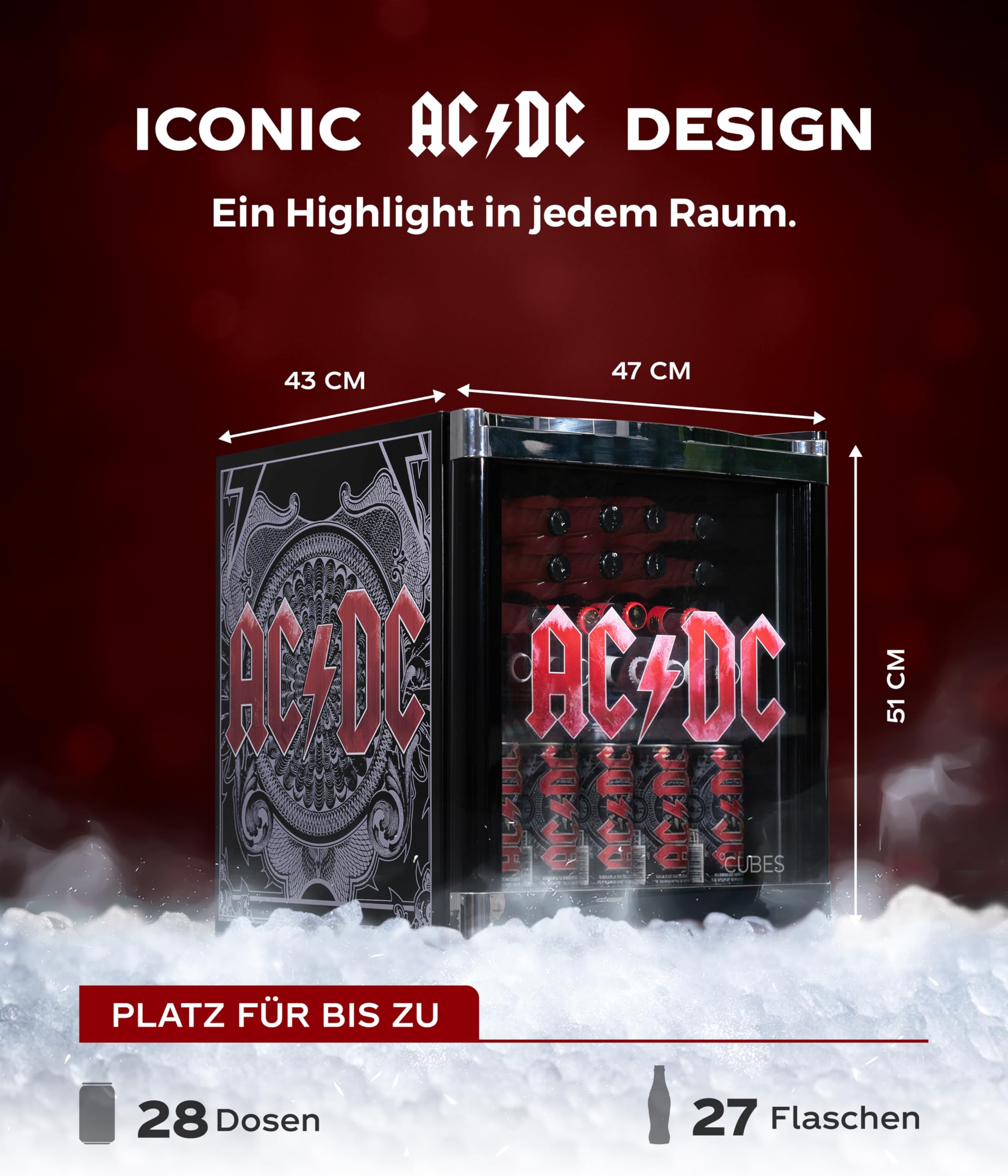 CUBES AC/DC Mini Kühlschrank 48 L Getränkekühlschrank mit Glastür wechselbarem Türanschlag leise 39 dB energieeffizient