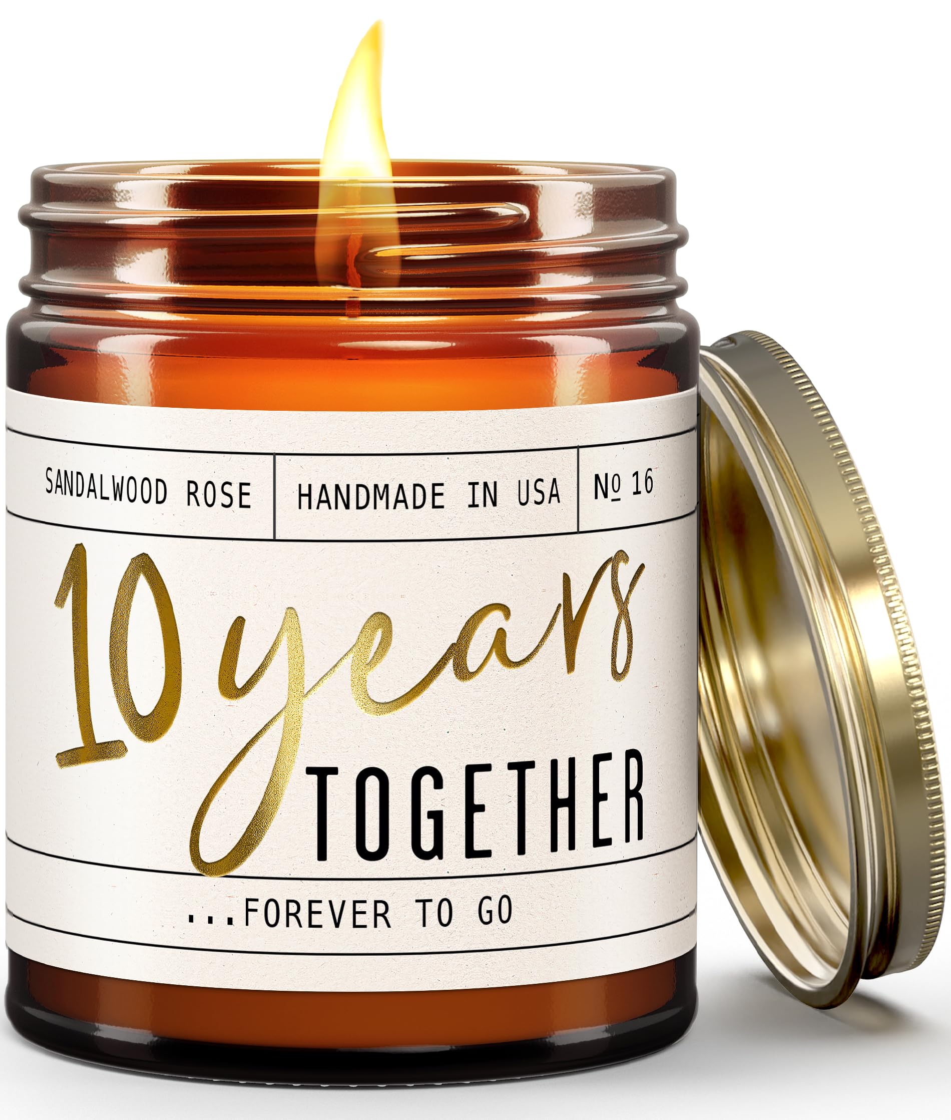 10 Year Anniversary Gifts for Wife - '10 Years Together' Candle, w/Sandalwood Rose - infused w/Essential Oils I 10th Anniversary Gifts for Her I 50Hr Burn, Made in USA