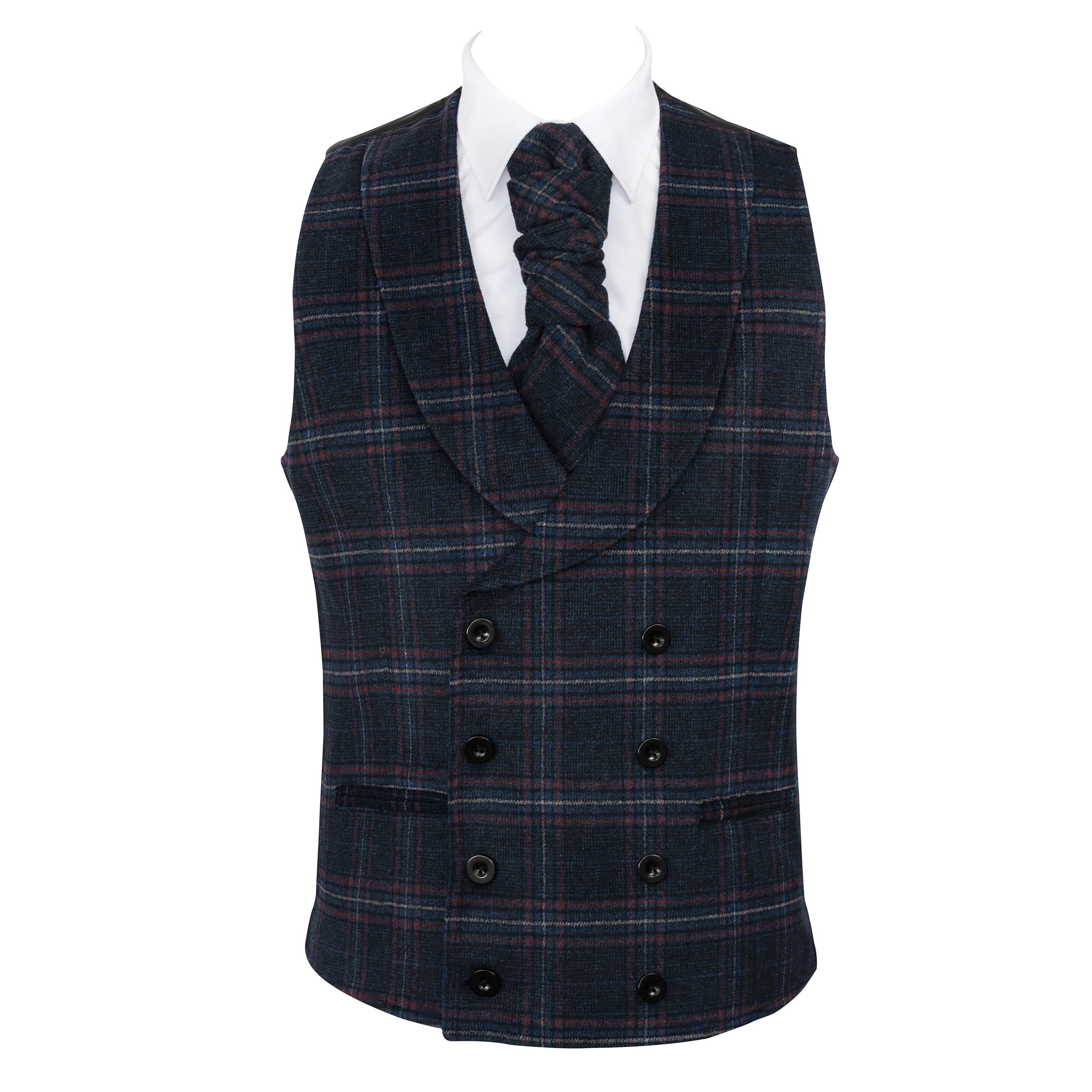 Abel & Burke Navy Blue Overcheck Double Breasted Shawl Wool Waistcoat #AB-WWC1020/3 Men's XXL - 48''