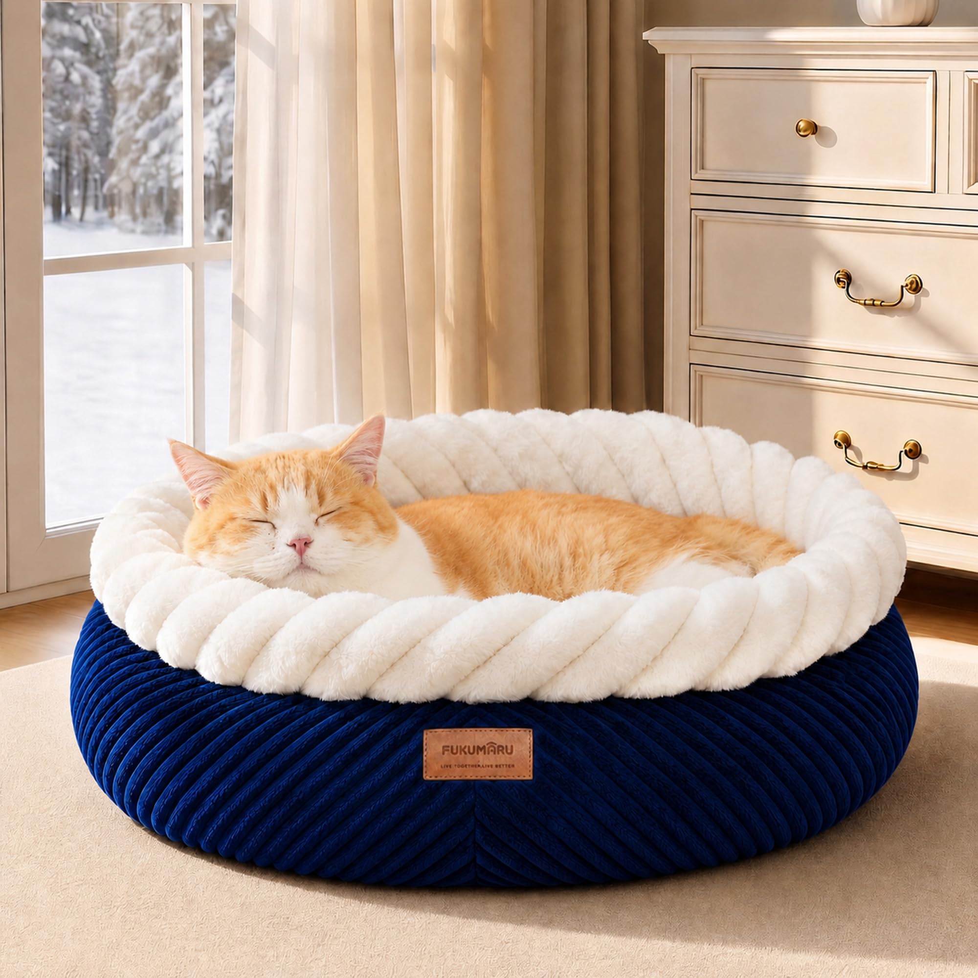FUKUMARU Cat Bed, Calming Donut Dog Beds, Plush Faux Fur&Corduroy Kitten Beds, Cute Round Washable Pet Bed for Large Cats and Puppy, Cat Cave with Anti-Slip Bottom, 21inch, Blue