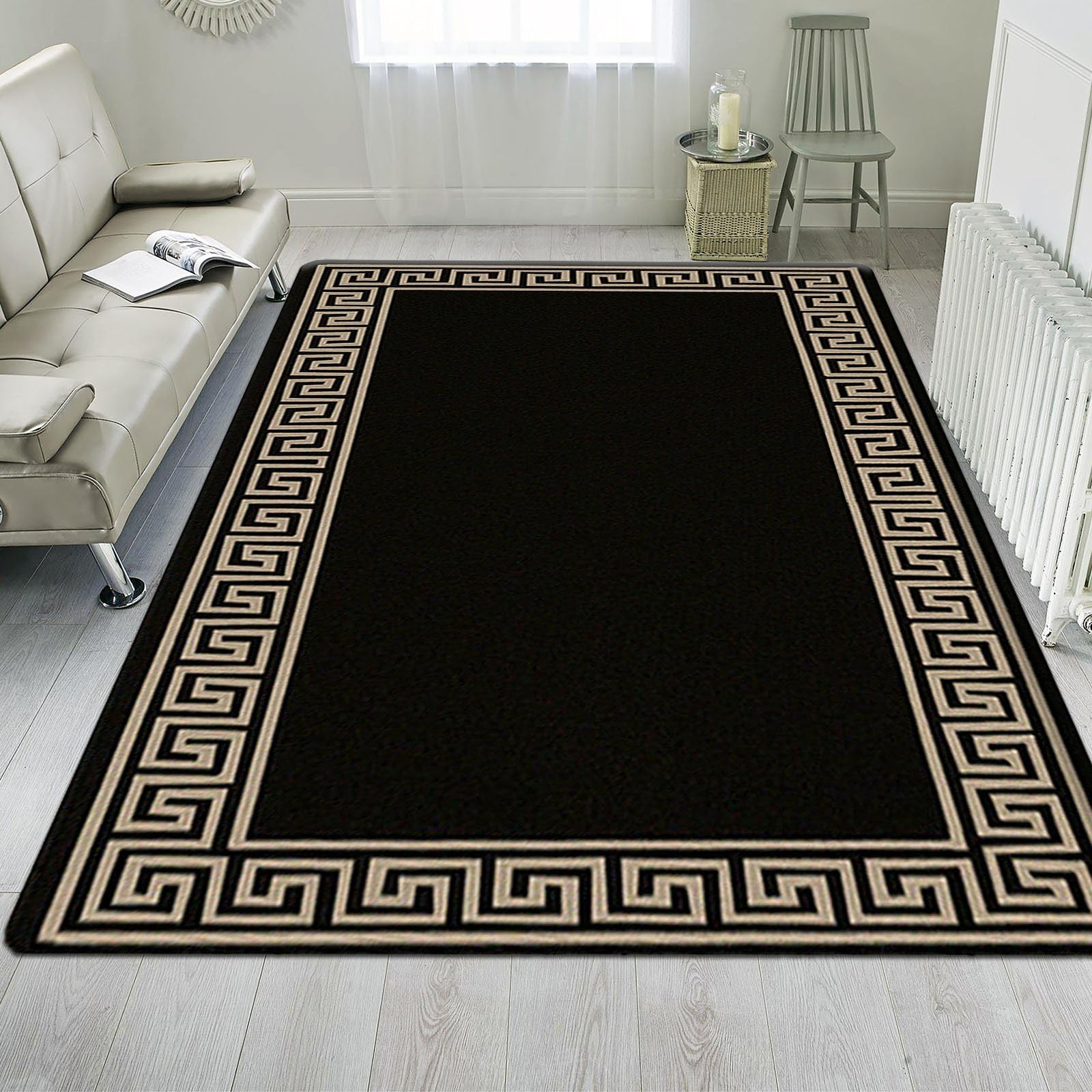renoazul® Modern Area Rugs With Soft Rubber Back Large Rug 160 X 230 cm - Black-Beige - Greeky Bedroom Rug, Sitting, Kitchen Carpet For Living Room And Lounge Rugs.
