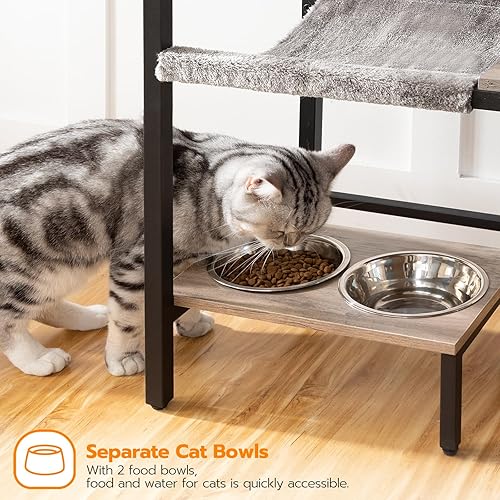 Miniatura 3 de HOOBRO Árbol de madera para gatos, torre versátil para gatos con poste rascador, hamaca para gatos y cuencos de comida, casa de mascotas de 4