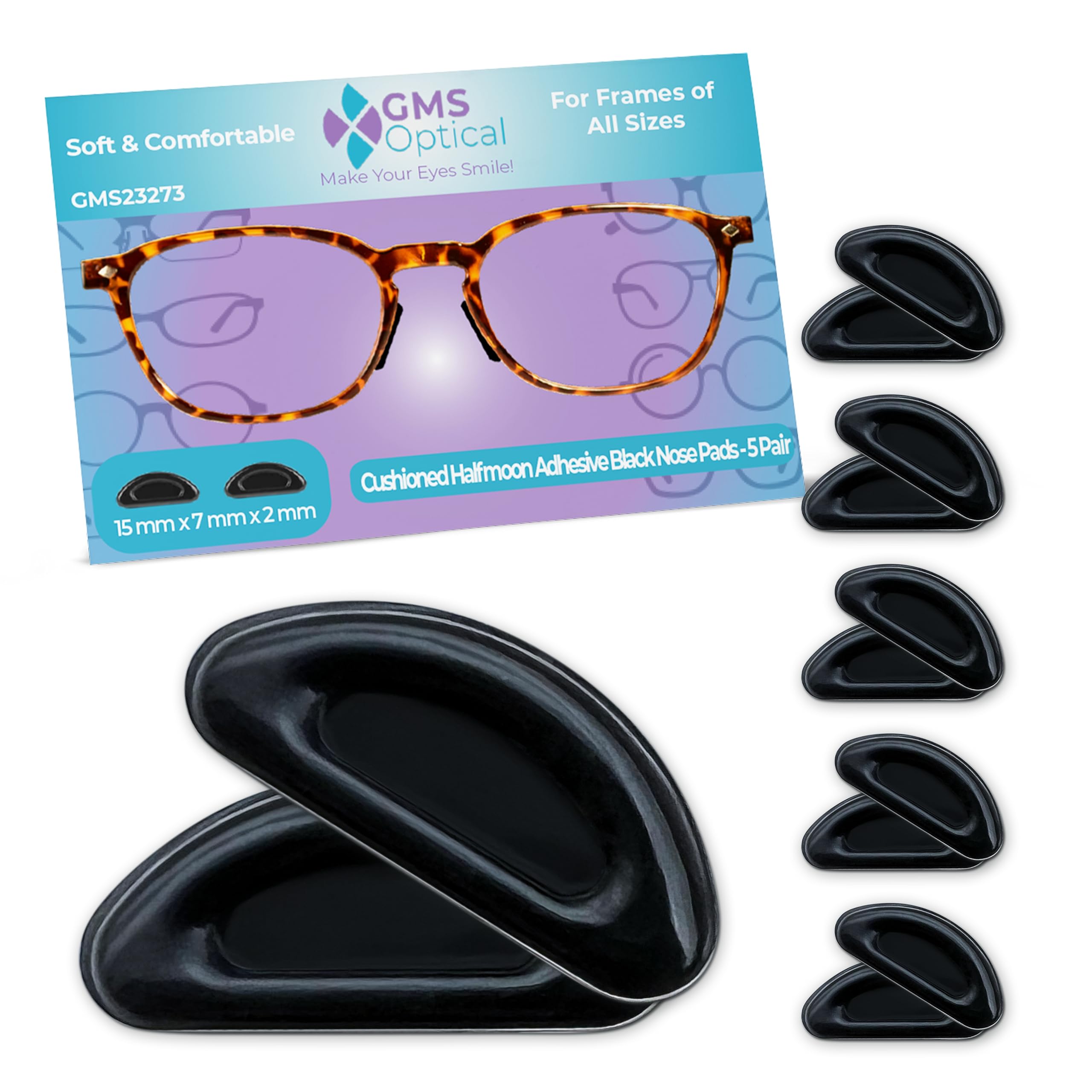 GMS Optical Adhesive Silicone Nose Pads for Glasses | 2.0mm Reg-Thick, 15mm Medium| Non Slip Glasses Grips for Sunglasses w/Super Sticky Backing,