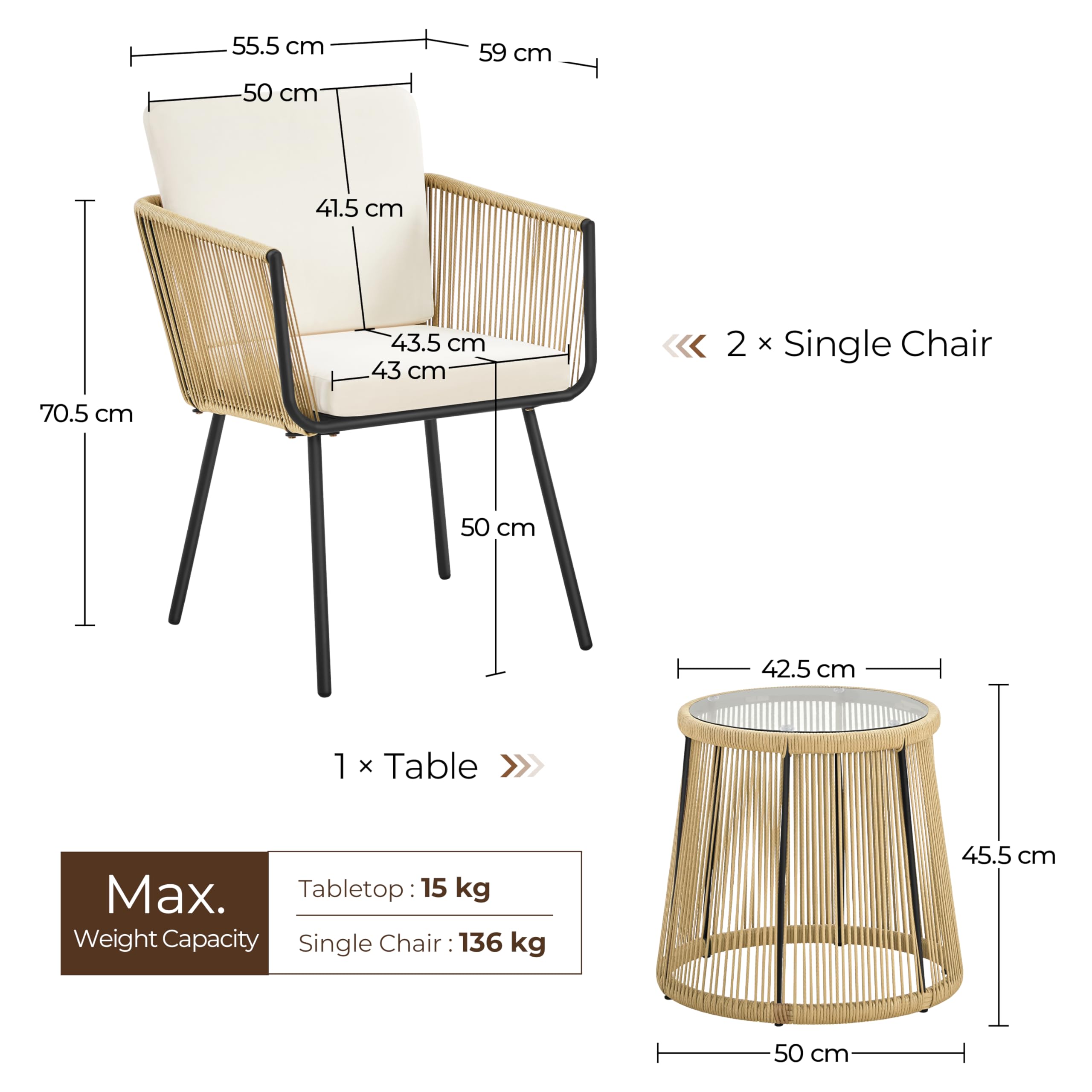 Yaheetech 3TLG. Rattan Balkonset, Gartenmöbel Set inkl. 2 Stühle mit 6cm Dick Sitz- und Rückenkissen & 1 Tisch mit 5mm Dick Hartglasplatte, Gartensitzgruppe für Balkon Outdoor, Hellbraun/Cremeweiß