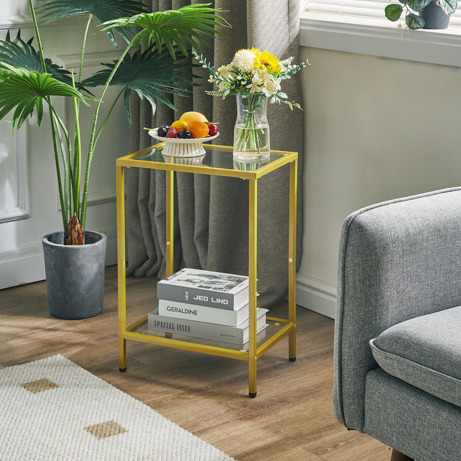 YMYNY Table d'Appoint à 2 Niveaux, Table Basse, Table de Chevet, Table Téléphone, Bout de Canapé, Table pour Salon, Chambre, Couloir 38×28×56CM Dorée HGD002G