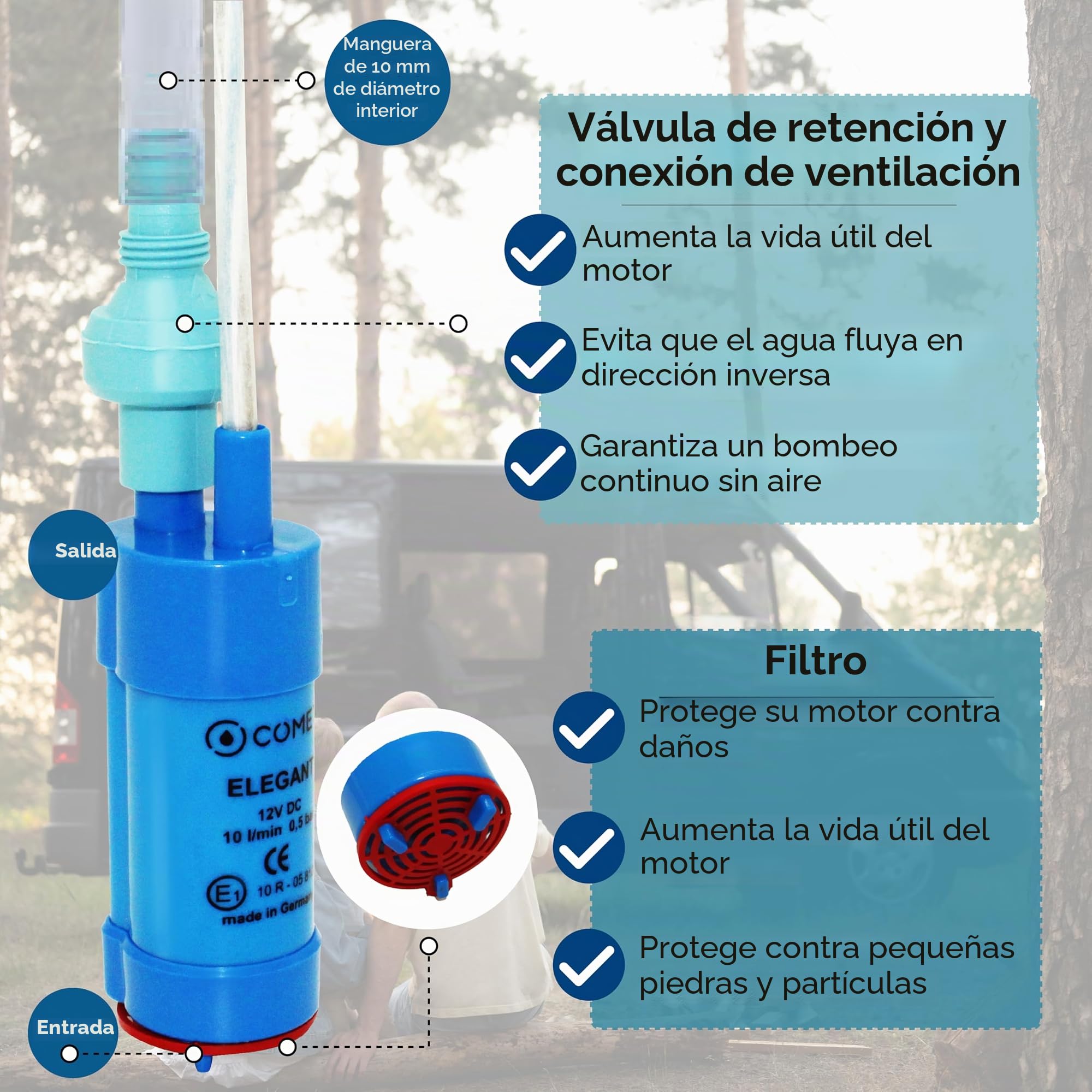 Comet Elegante bomba de agua de 12 V, con válvula antirretorno (fija) + filtro para camping, autocaravana y caravana