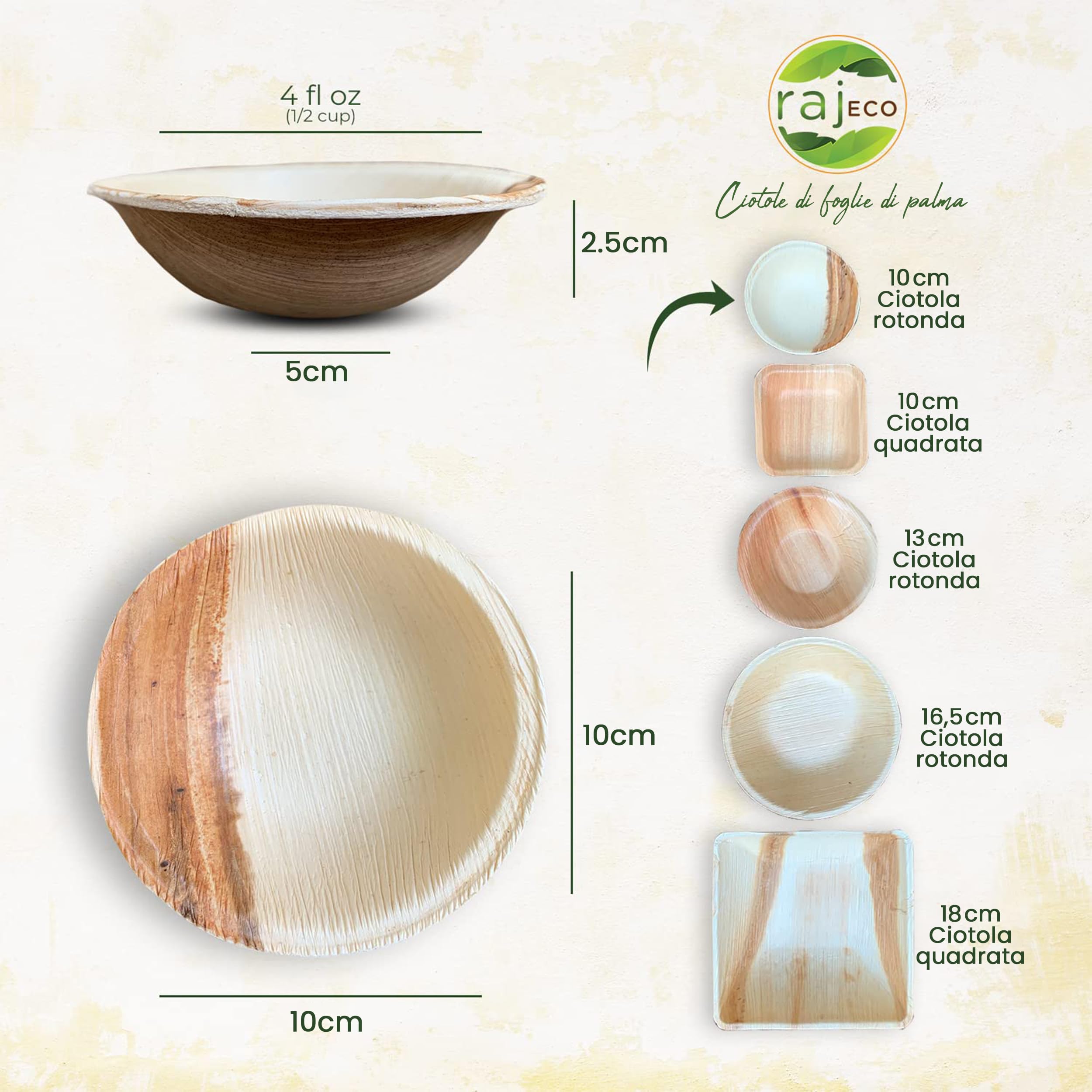 Raj Ciotole Monouso in Foglia di Palma 100 Pezzi 10 cm Ciotole Rotonde - Ciotole Resistenti Compostabili per Feste, Stoviglie Decorative per Compleanno, BBQ, Picnic, Matrimonio, Campeggio e Outdoor