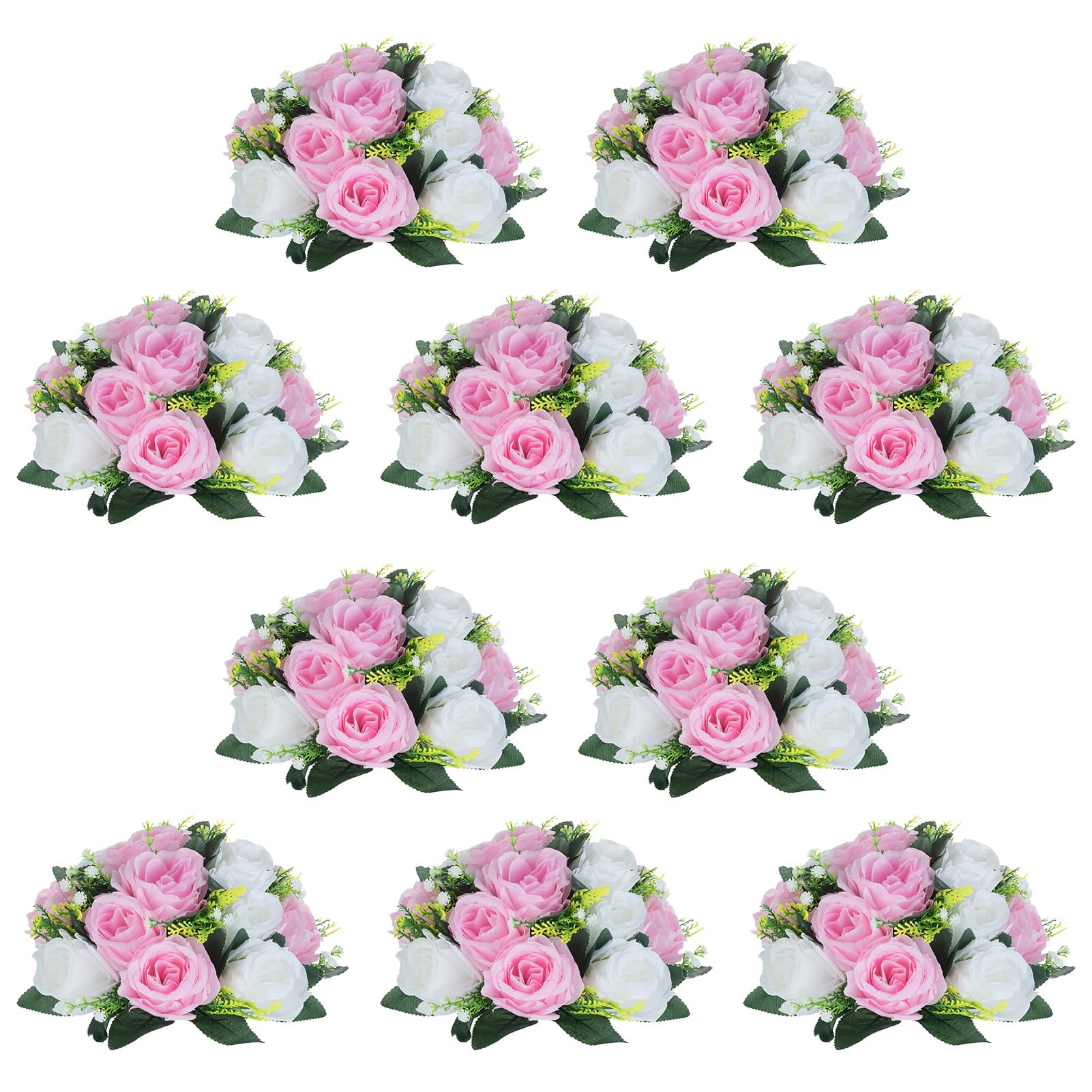 NUPTIO Pcs of 10 Fake Flower Ball Arrangement Bouquet,15 Heads Plastic Roses with Base, Suitable for Our Store's Wedding Centerpiece Flower Rack for Parties Valentine's Day Home Décor (Pink & White) — image 1