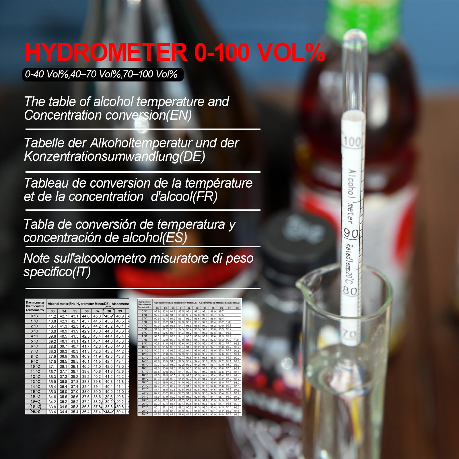 Alcoholímetro 0-100% Vol% para alcohol, destilados, whisky, vodka, etc., para la prueba de alto contenido de alcohol, incluye cilindro de latón e instrucciones en alemán (idioma español no