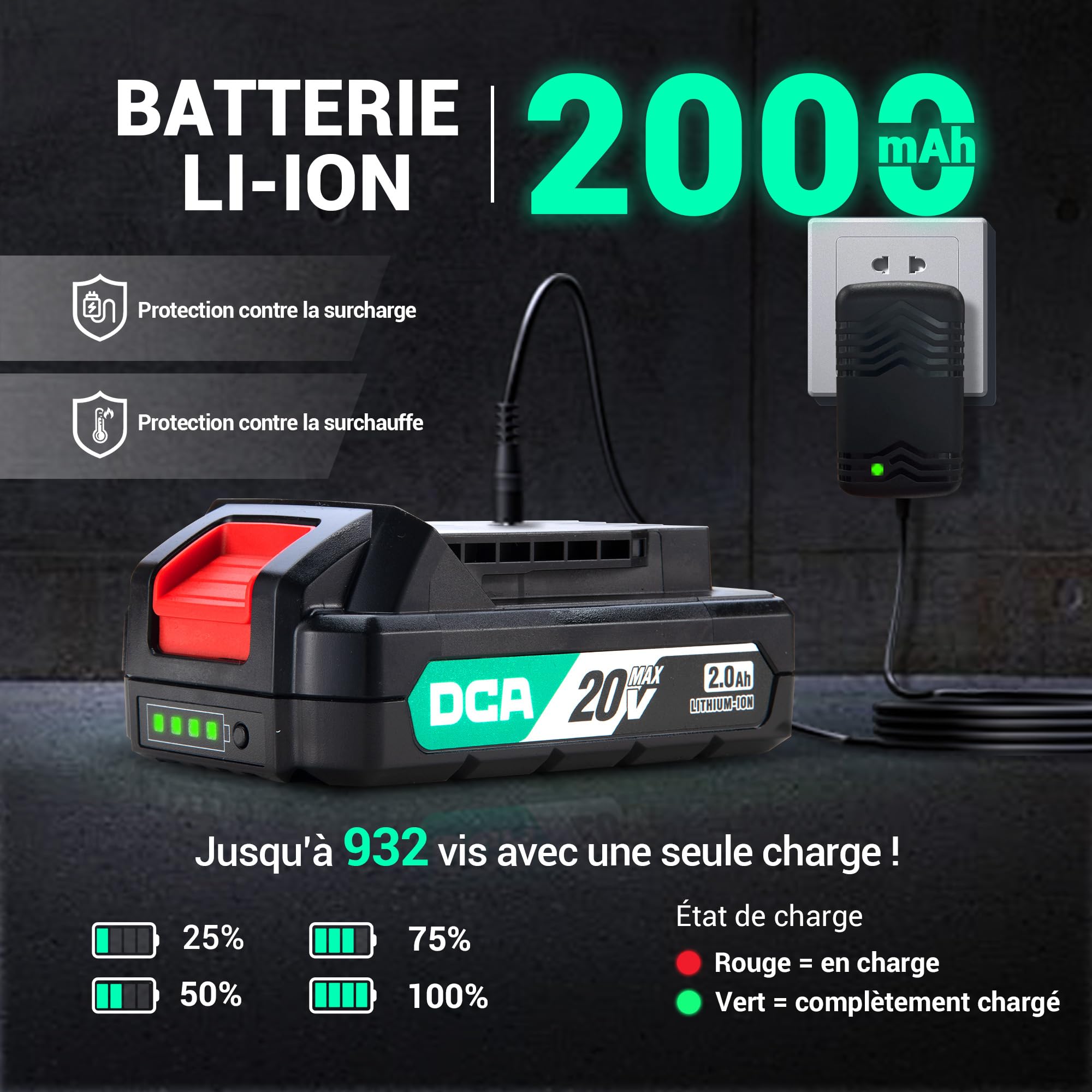 Perceuse à percussion sans fil 20V Brushless 55Nm 13mm mandrin tout métal 18+1 réglages couple 0-450/1800 tr/min batterie 2x2.0Ah chargeur