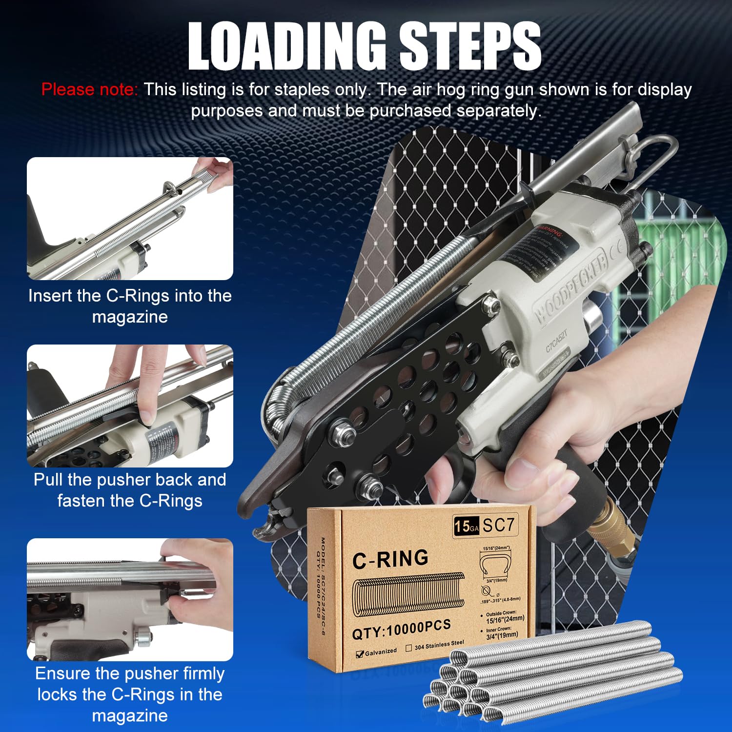 SC7 Gauge 19mm Interior Corona 24mm Exterior Corona Galvanizado C Anillo Grapas 10,000 PCS/Caja, C-anillos para Hog Ring Gun C Ring Alicates | Corona int. 19mm - ext. 24mm, cierre 4,8-8mm, para pinzas C 15GA, jaulas animales & asientos auto