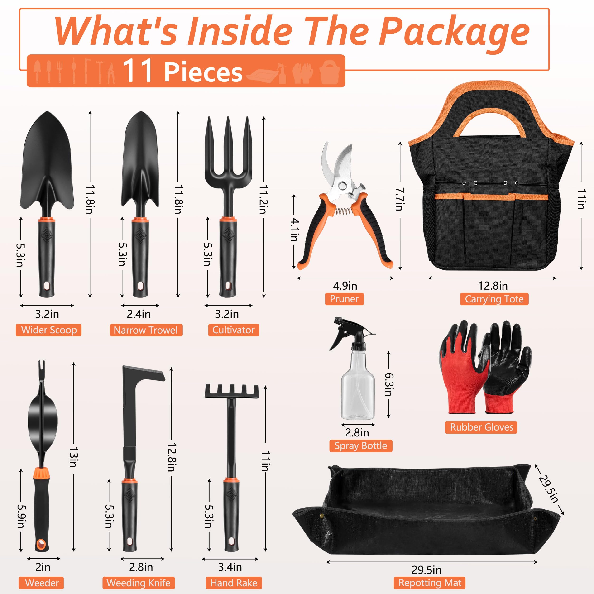 HaSteeL Garden Tools Set, 11 Pcs Gardening Supplies Hand Tool Kit for Women Men Gardeners, Include Tote Bag, Reportting Mat, Transplant Trowel, Rake, Pruner for Outdoors