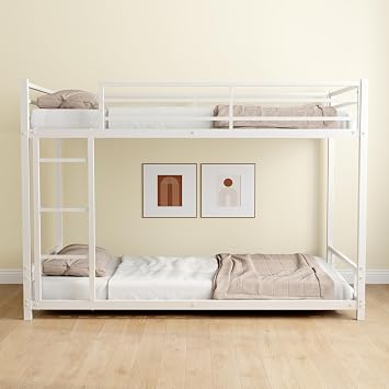Twin Over Twin Bunk Bed, Metal Low Profile Bunkbed with Side Ladder, Heavy-Duty Sturdy Metal, Noise Reduced, Safety Guardrail, No Box Spring Needed White
