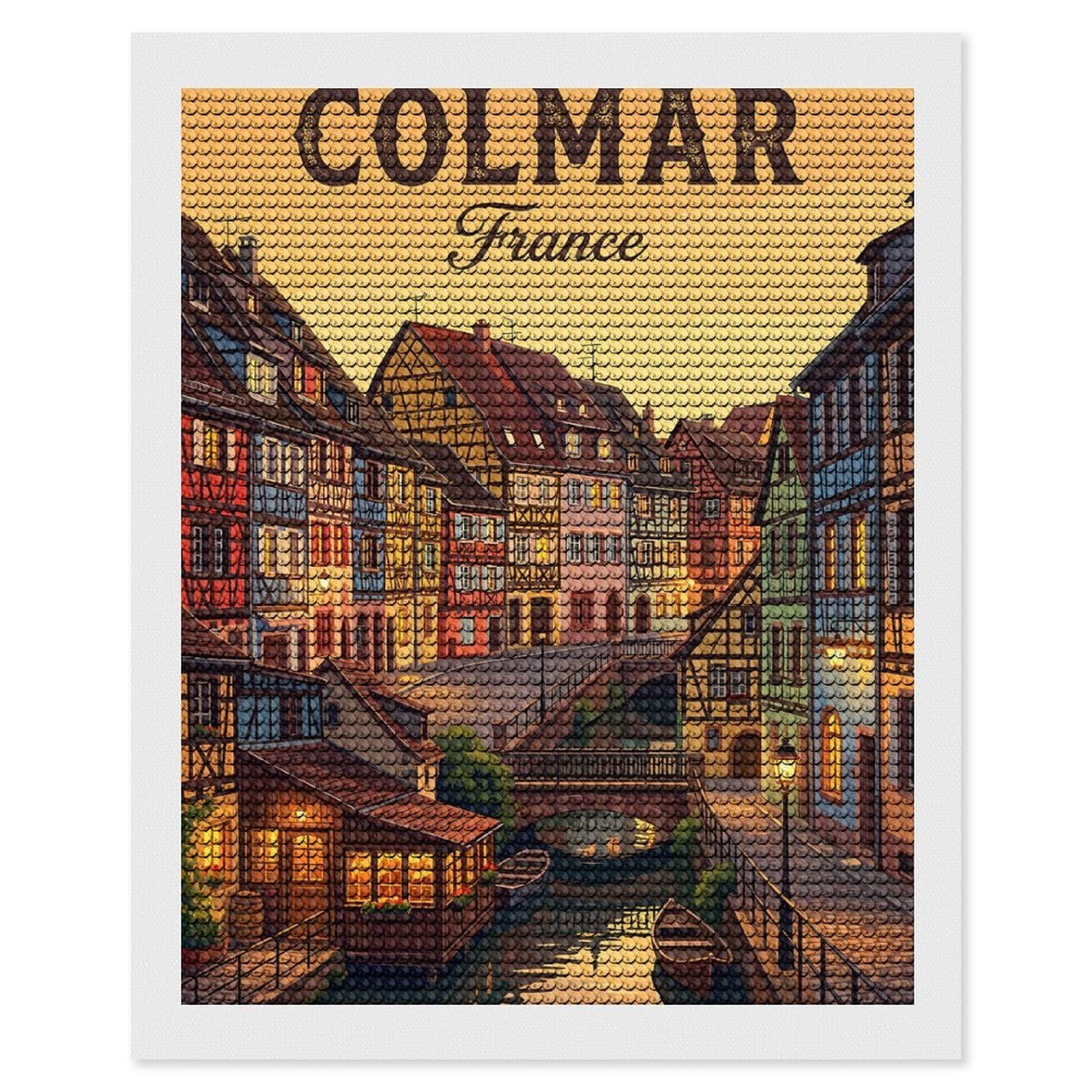Junmoney Colmar France Vintage Diamond Art Kit 16"x20", Relaxing DIY Hobby, Satisfying Creative Project, Living Room Decor, for Women