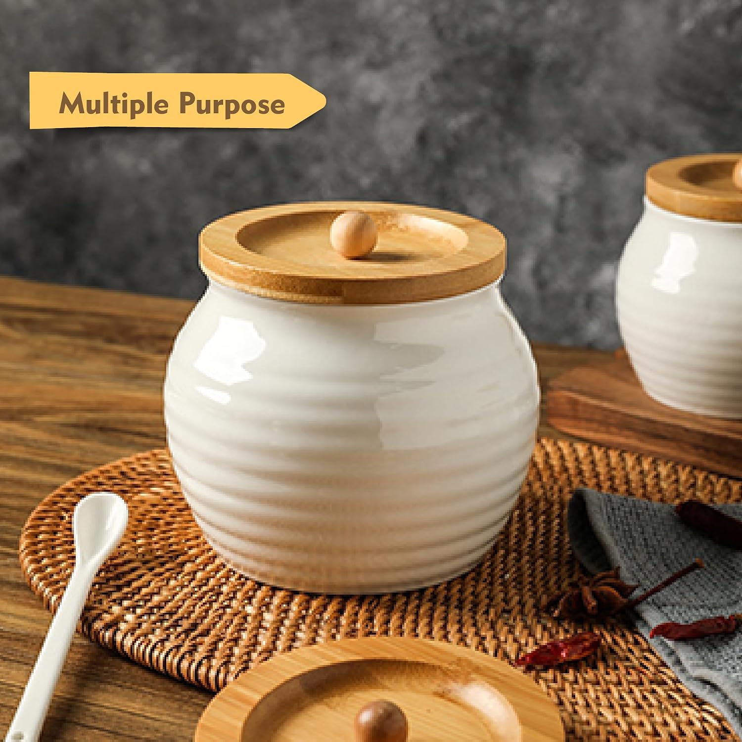 Ceramic Sugar Bowl with Bamboo Lid and Spoon, 11 Oz White Porcelain Sugar Salt Container Holder, Cute Farmhouse Condiment Pot for Creamer, Spice, Sugar Cube, Ghee, Coffee Bar, Countertop