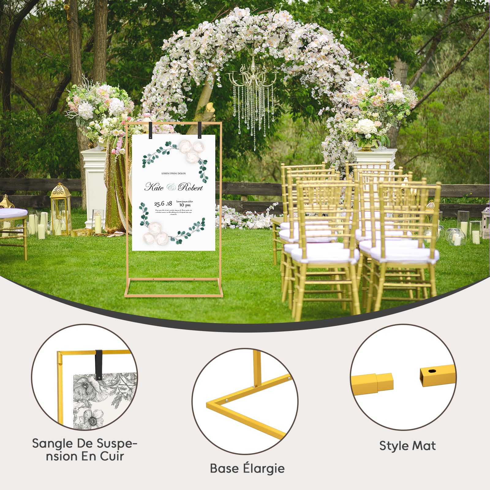 Support de présentoir de mariage, 164 x 76 x 51 cm, chevalet robuste pour panneau avec 4 sangles en cuir, adapté pour tableau de sièges, réception, affiches et décoration (Doré)