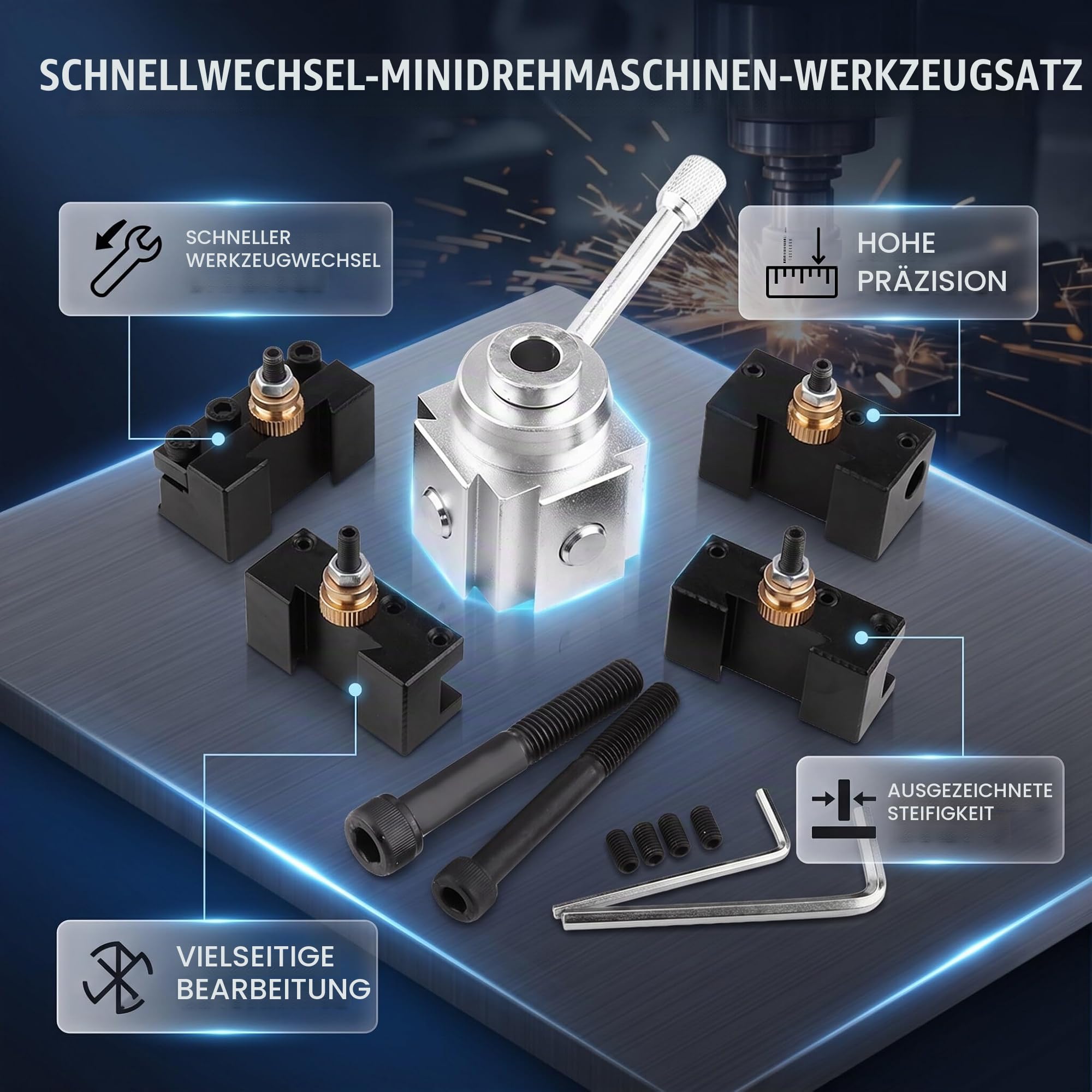 Schnellwechsel-Werkzeughalter- und Haltersatz für Mini-Drehmaschinen aus Aluminiumlegierung, 4 Fräserhalter, Hohe Präzision, Breite Aufnahme für Zylindrisches Drehen, Rändeln