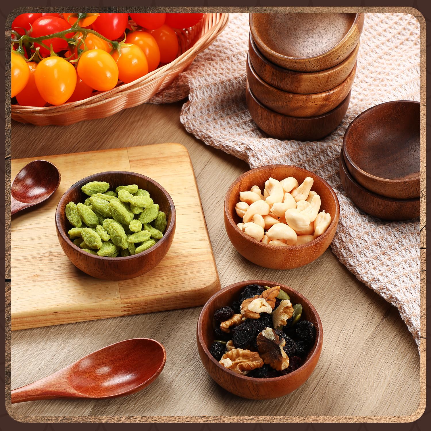 Skylety Cuencos de madera de acacia pequeños cuencos redondos de madera tallada a mano para servir palomitas de maíz, pasta, caramelos, cereales, coco, frutos secos, salsa, aperitivos, cocina (20