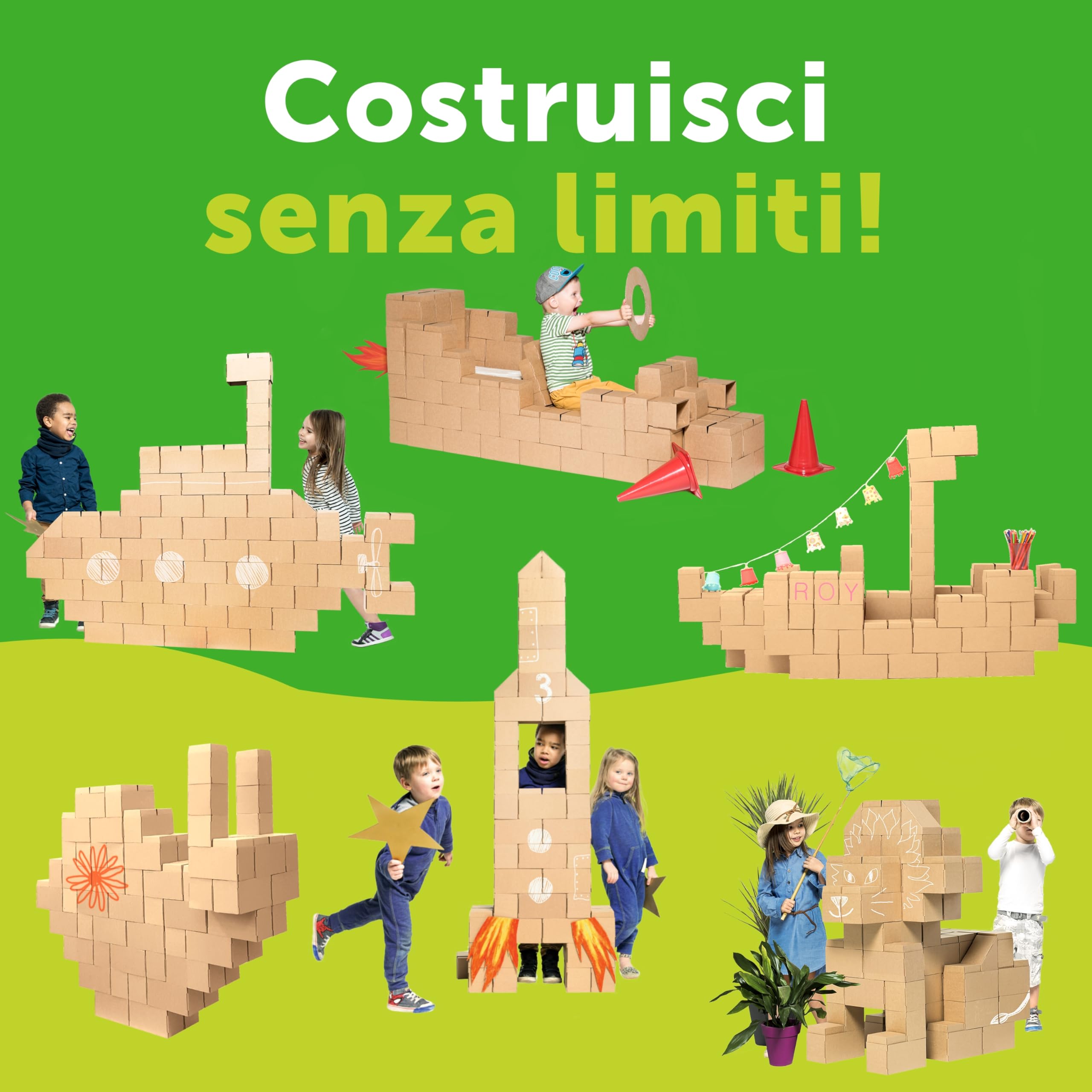 GIGI BLOKS 60 Mattoncini Costruzioni Grandi per Bambini XXL Impilabili & Incastro | Cartone Blocchi Costruzioni per Bambini Robusti e Facili da Montare | Grandi Giochi Montessori Creativi & Educativi
