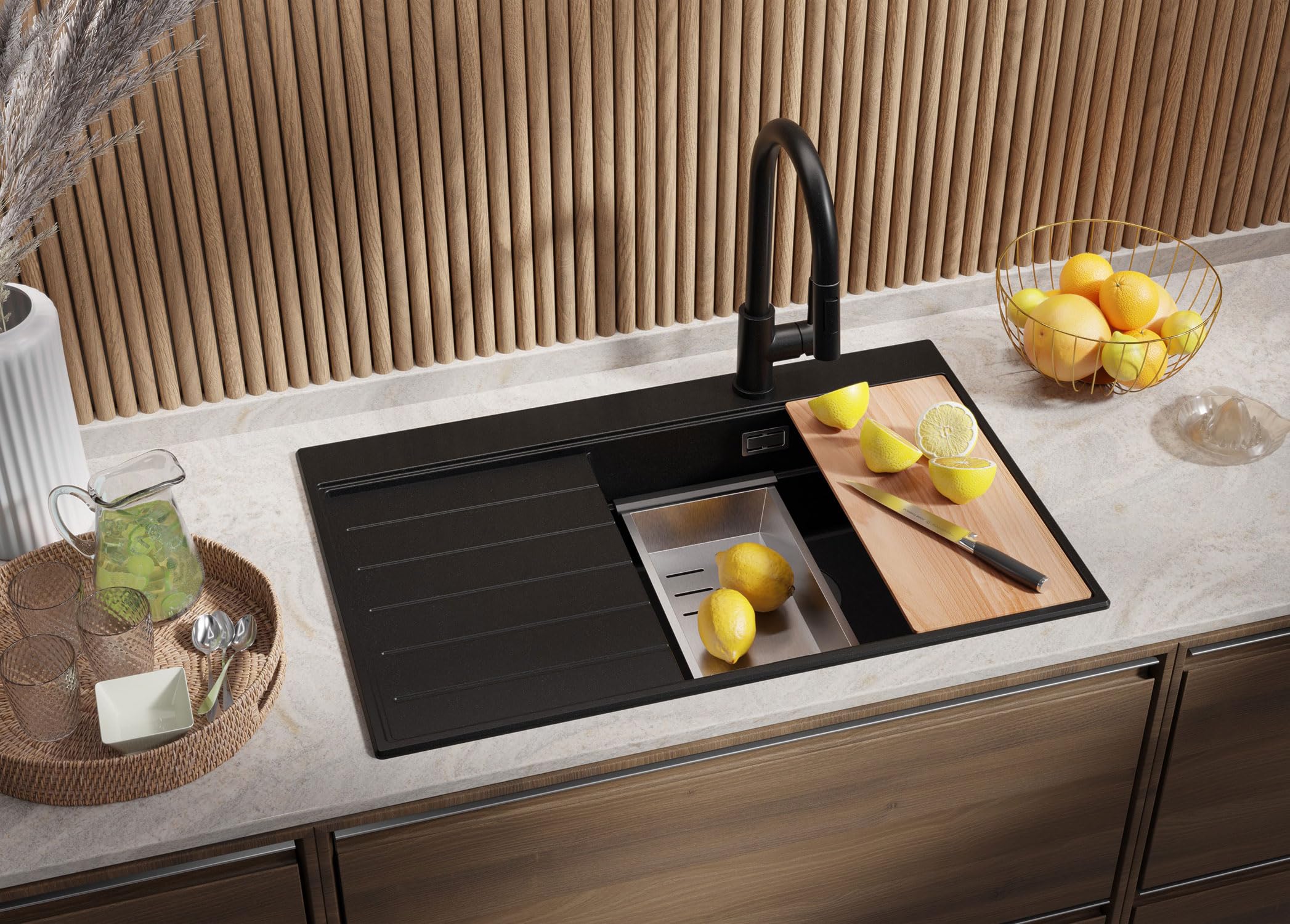 PRIMAGRAN Lavandino da Cucina Nero 78x50cm, Lavello in Granito a 1 vasca + Rubinetto 40x20cm + Set di accessori, Lavabo da Cucina Incasso al Mobile 50cm - Sydney Ergo S303