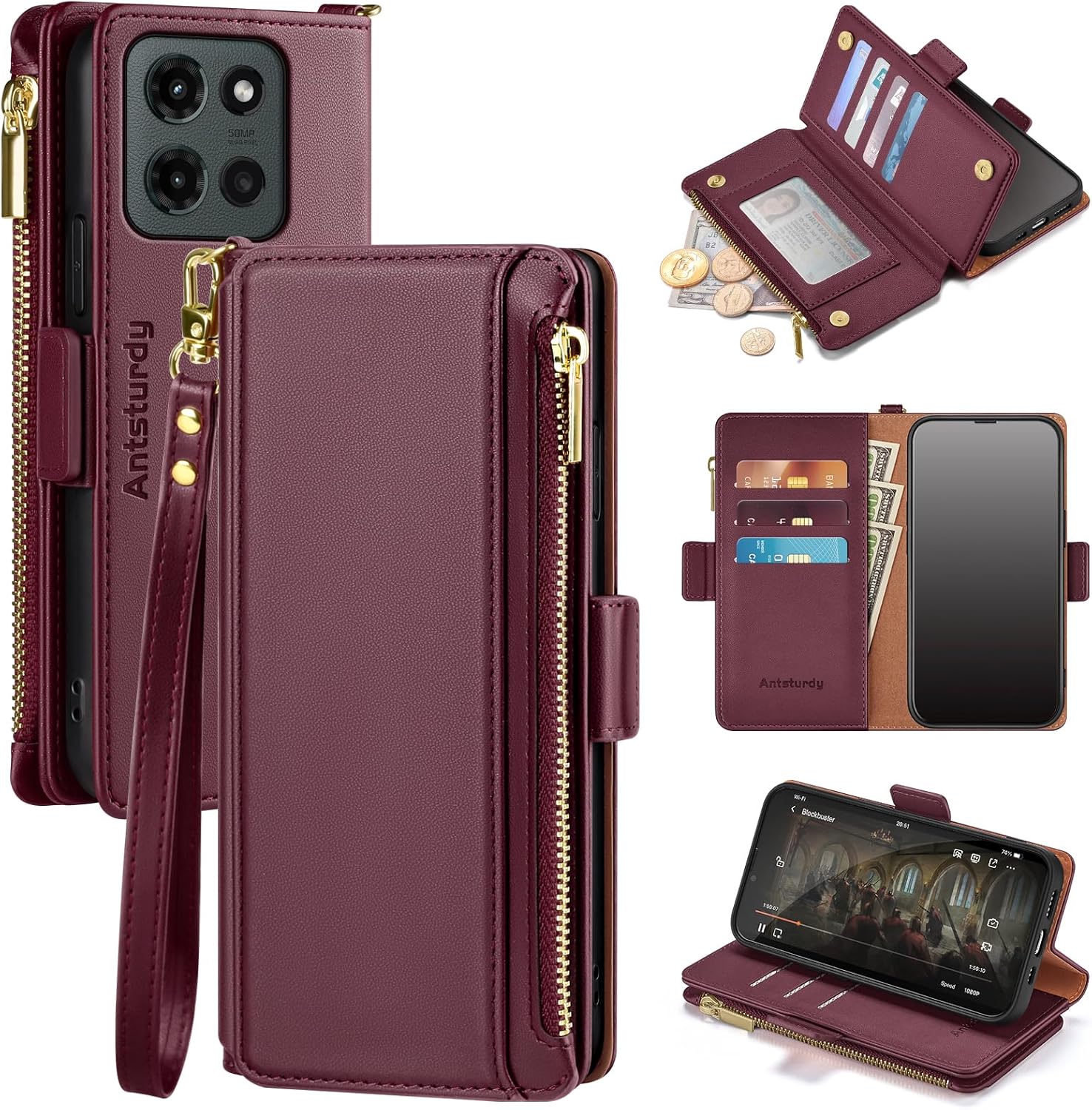 Antsturdy Compatible with Motorola Moto G 2026/2025 / G Play 2026 Wallet Case with Card Holder,Women Men PU Leather Flip Phone Case RFID Blocking Stand Wrist Strap Zipper Credit Card Slots,Wine Red