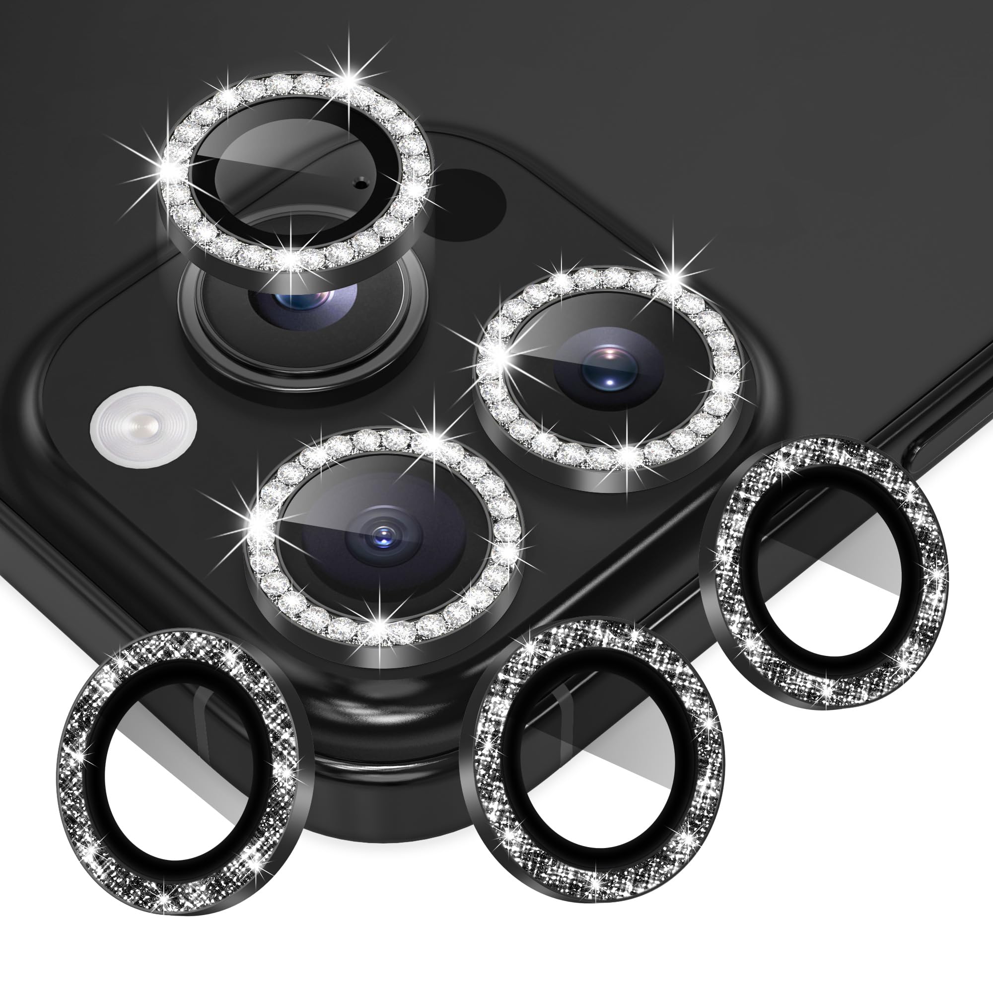 AGVEE 3+3 6 Pack for iPhone 16 Pro 6.3" / 16 Pro Max 6.9" Camera Lens Protector, Bling Diamond & Bling Glitter Metal Ring 9H Tempered HD Glass Camera Cover Film, Bling-Black