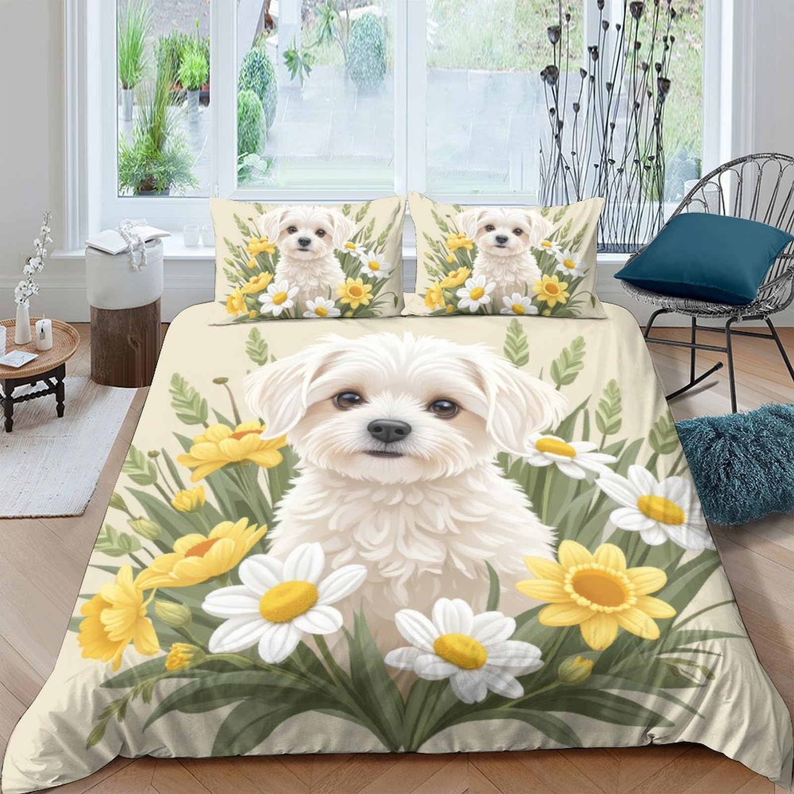 Ctjqhvkz Style-8 3D Printed Puppy Floral Fitted Sheet Microfiber Soft Breathable Dog Daisy Bed Cover For Bedroom Guest Room Decor Single（135X200cm）