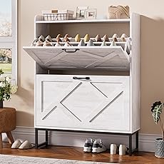 GarveeHome Fluted Shoe Cabinet with 2 Flip Drawers, a Drawer, a Hook, Modern Narrow Shoe Storage, Farmhouse Wooden Shoe Organizer with Metal Legs, Closed Shoe Racks for Entryway, White