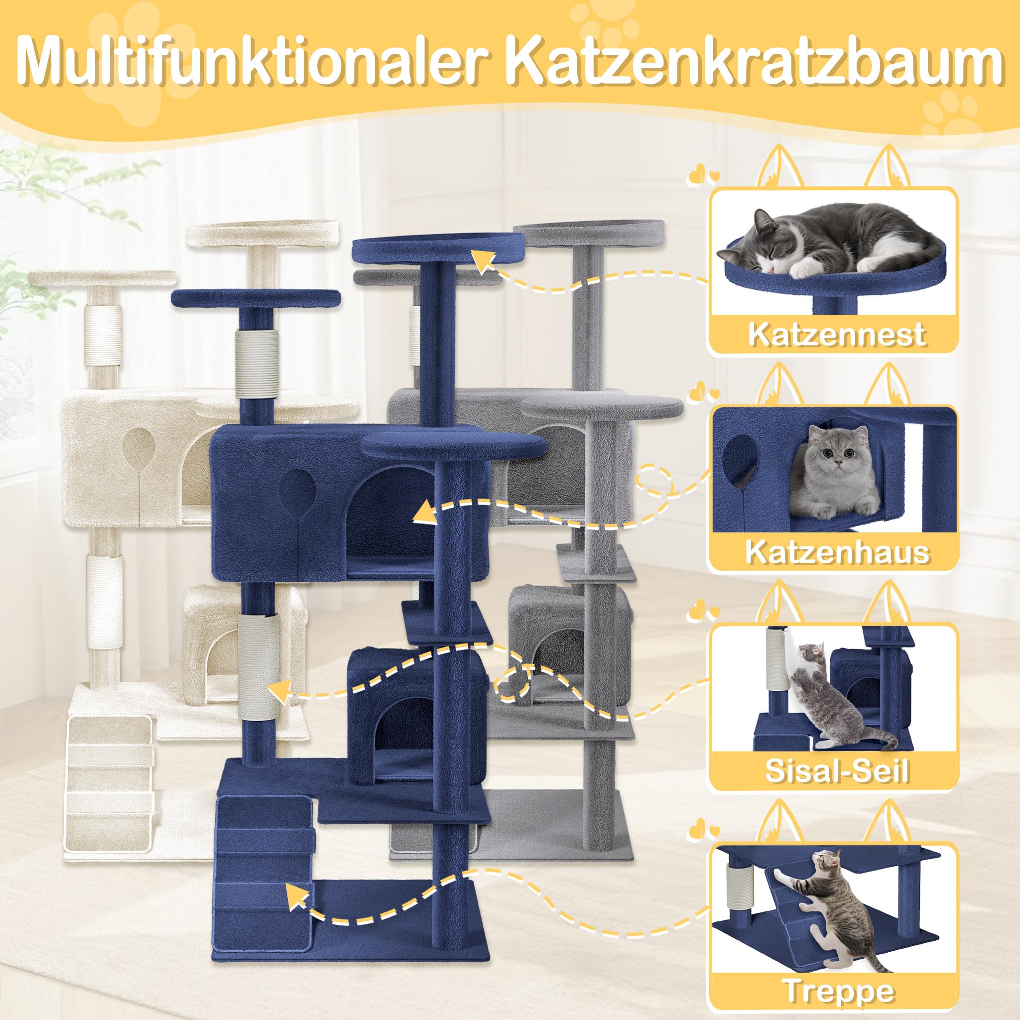 FIVMEN Drapak dla kota duży, 130 cm wysokości, beżowy drapak dla kota z kolumnami, jaskinia dla kotów, platformy, schody, meble dla kotów, drzewko wspinaczkowe dla kotów, 49 x 49 x 130 cm