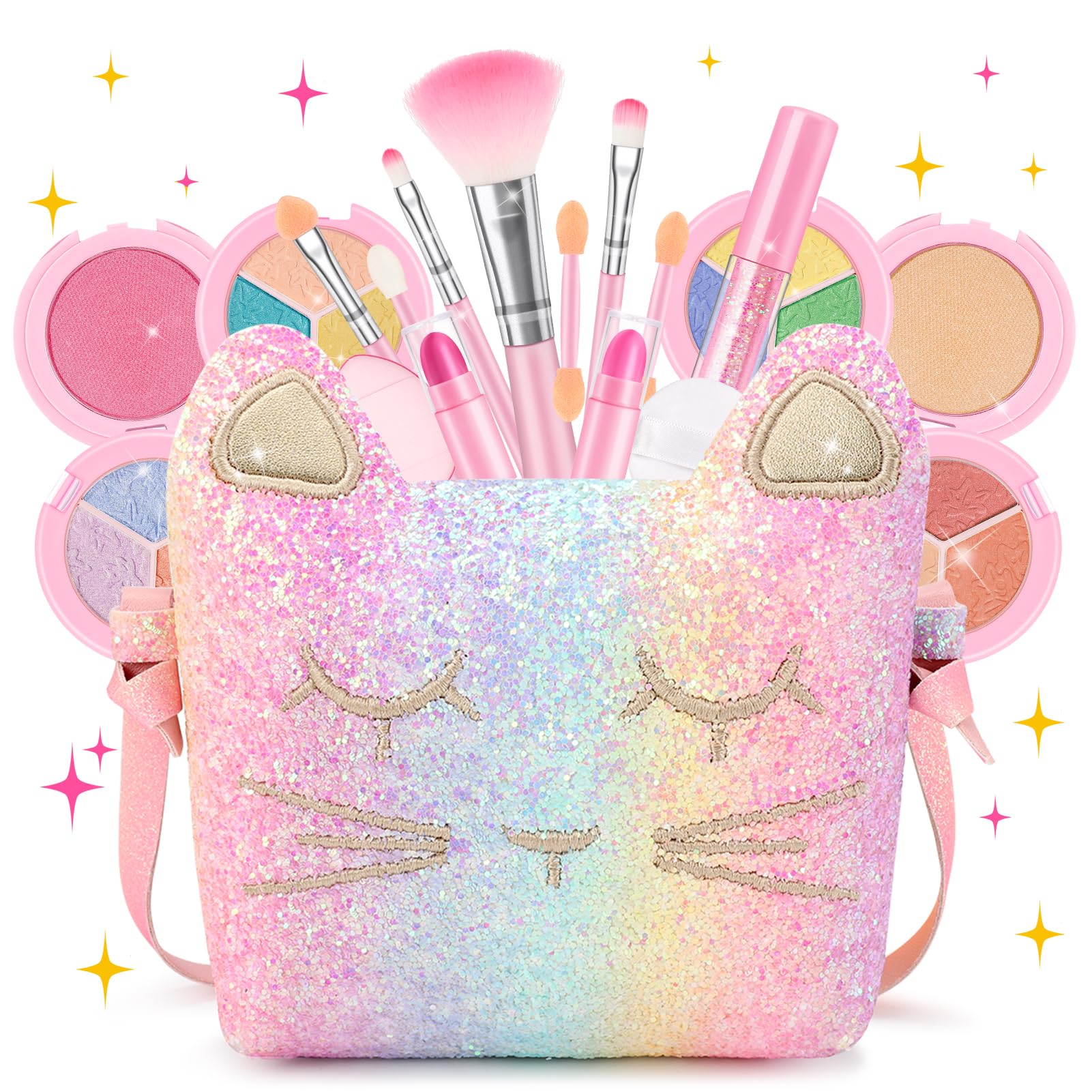 Kids Makeup Kit for Girls with Purse - 19 Pcs Real Washable Non Toxic Toddler Make Up Toy - Play Vanity Set Princess Toys - Little Girl Birthday Gift for 3 4 5 6 7 8 9 10 Years Old Kid - Rainbow