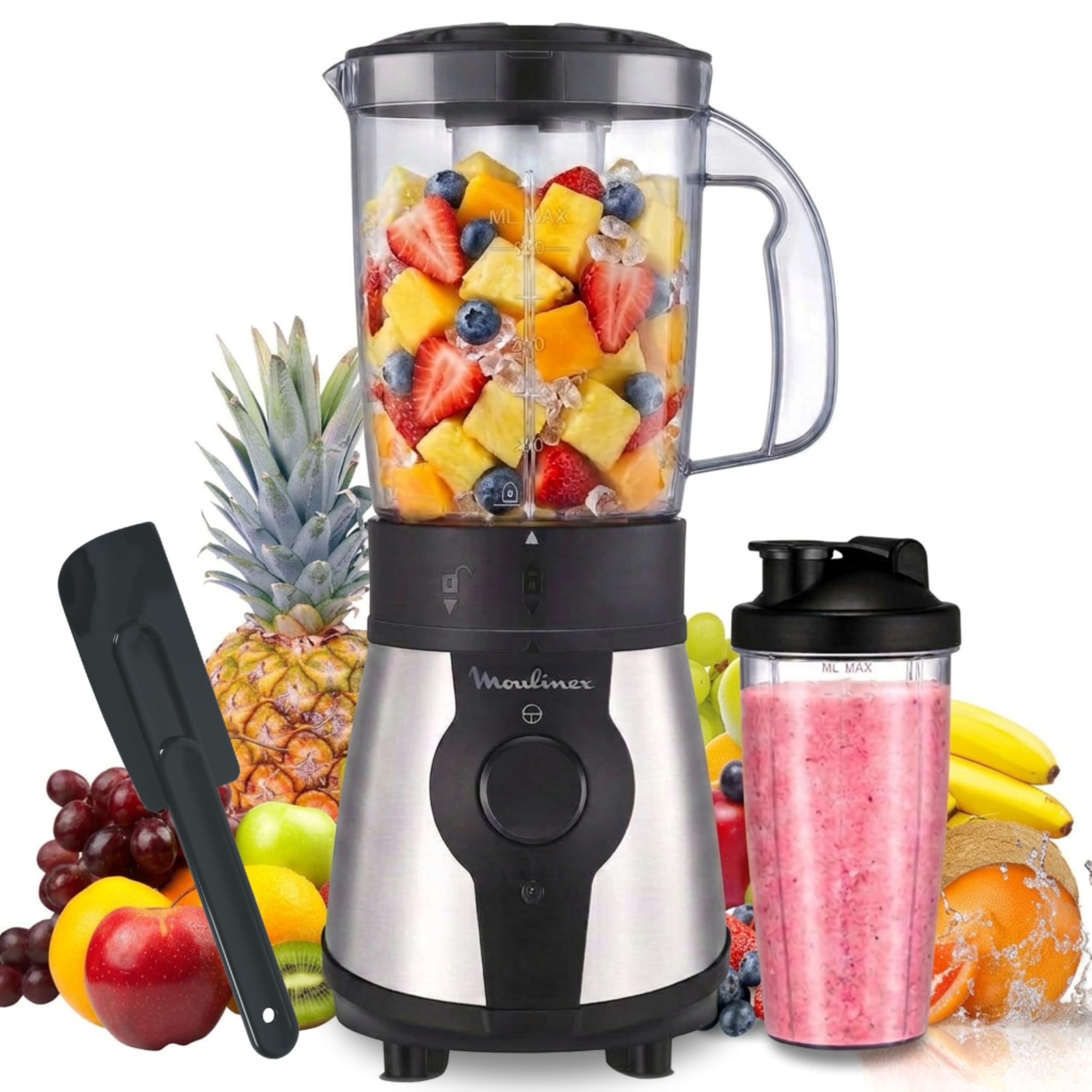 Moulinex Blend & Go, 300 W Blender, 1.3 Litre Jug, 4 Removable Blades, Stainless Steel Finish, Dishwasher Safe Parts, 750 ml Plastic Bottle + Spatula, LM1B1DES