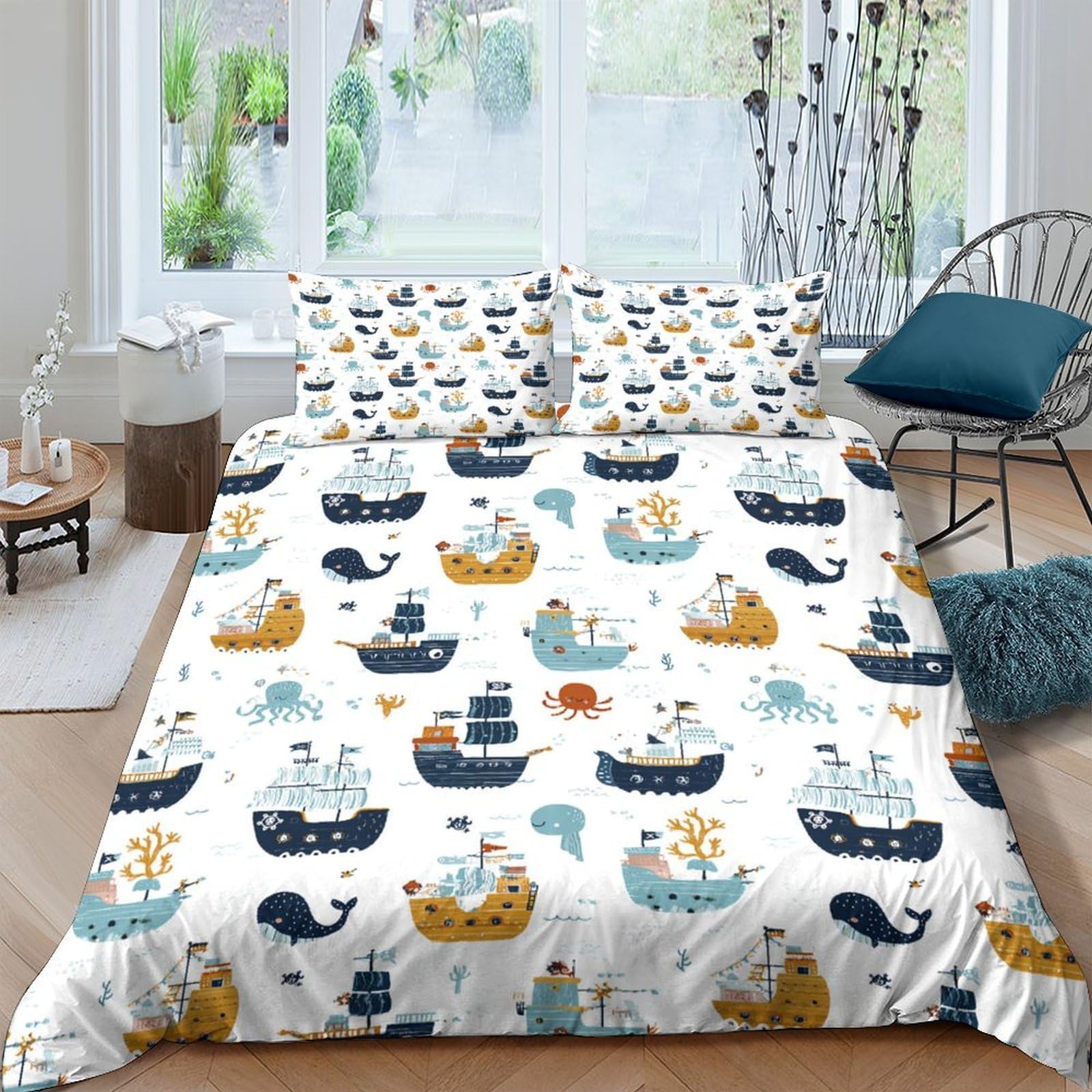 Ctjqhvkz Style-1 3D Printed Nautical Sea Life Fitted Sheet Microfiber Soft Breathable Ocean Ship Bed Cover For Bedroom Dorm Decor Single（135X200cm）