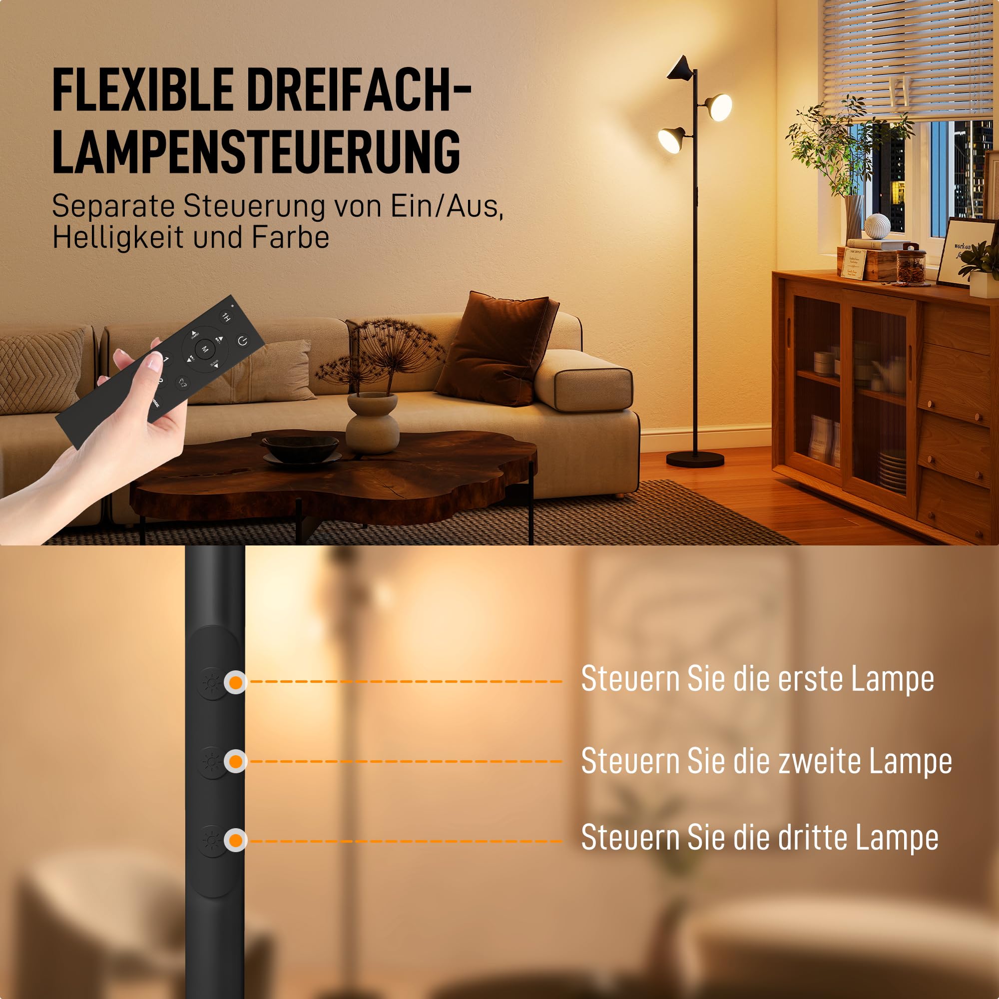 HOMCOM Stehlampe Wohnzimmer Dimmbar mit Leselampe 4150lm 2700K–6000K | Stehleuchte RGB Farbwechsel, mit Fernbedienung, Touch-Steuerung, 3 Drehbare Köpfe, Standleuchte für Schlafzimmer